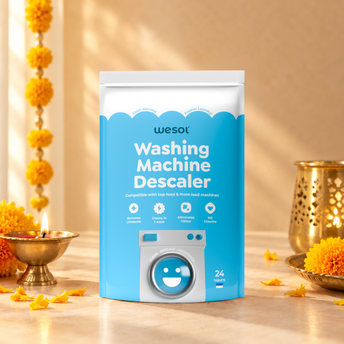 Wesol Washing Machine Descaler Tablets 24 Pack | Drum Cleaner for Front & Top Load | Removes Limescale, Odor & Residue | Improves Performance | Chlorine Free