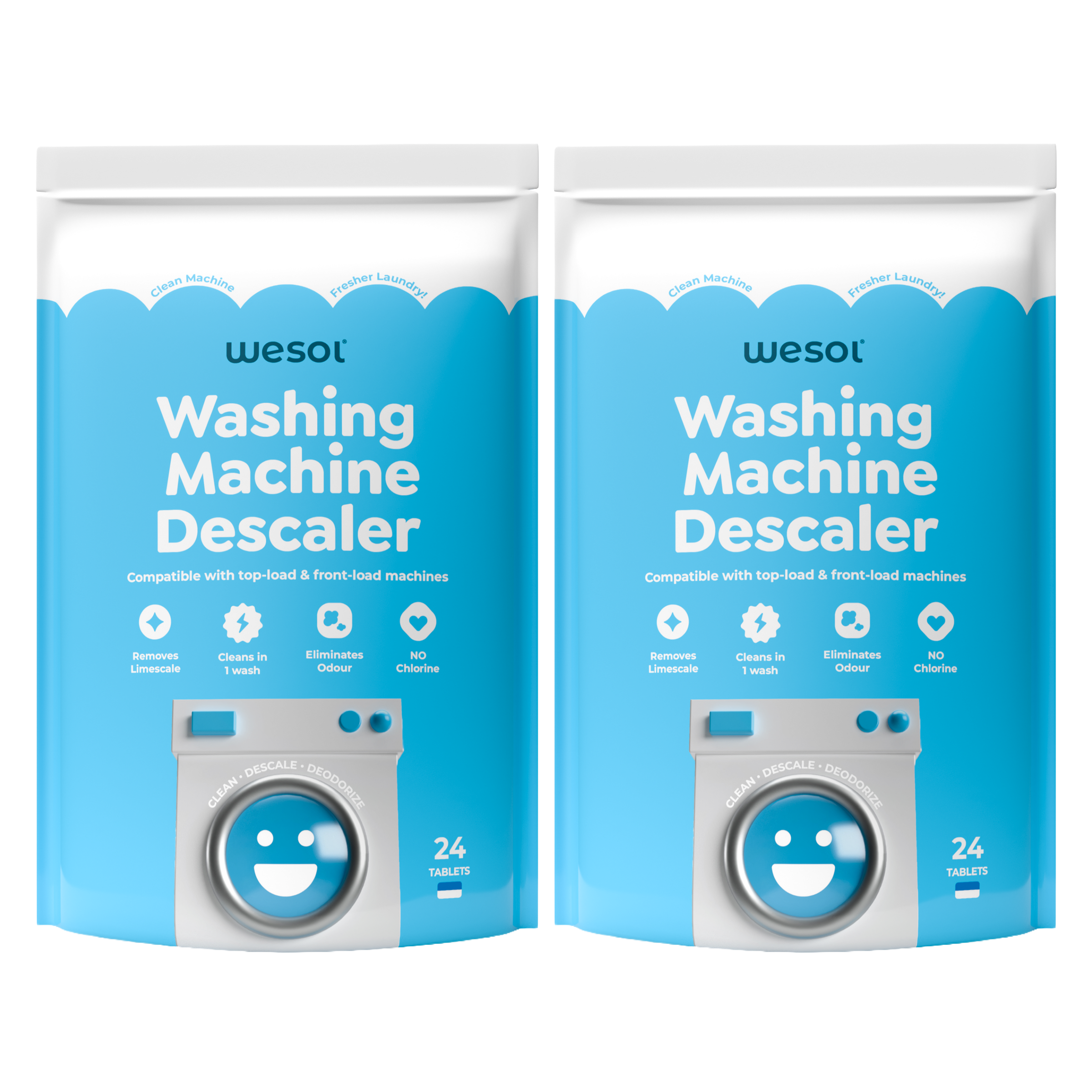Wesol Washing Machine Descaler Tablets 24 Pack | Drum Cleaner for Front & Top Load | Removes Limescale, Odor & Residue | Improves Performance | Chlorine Free