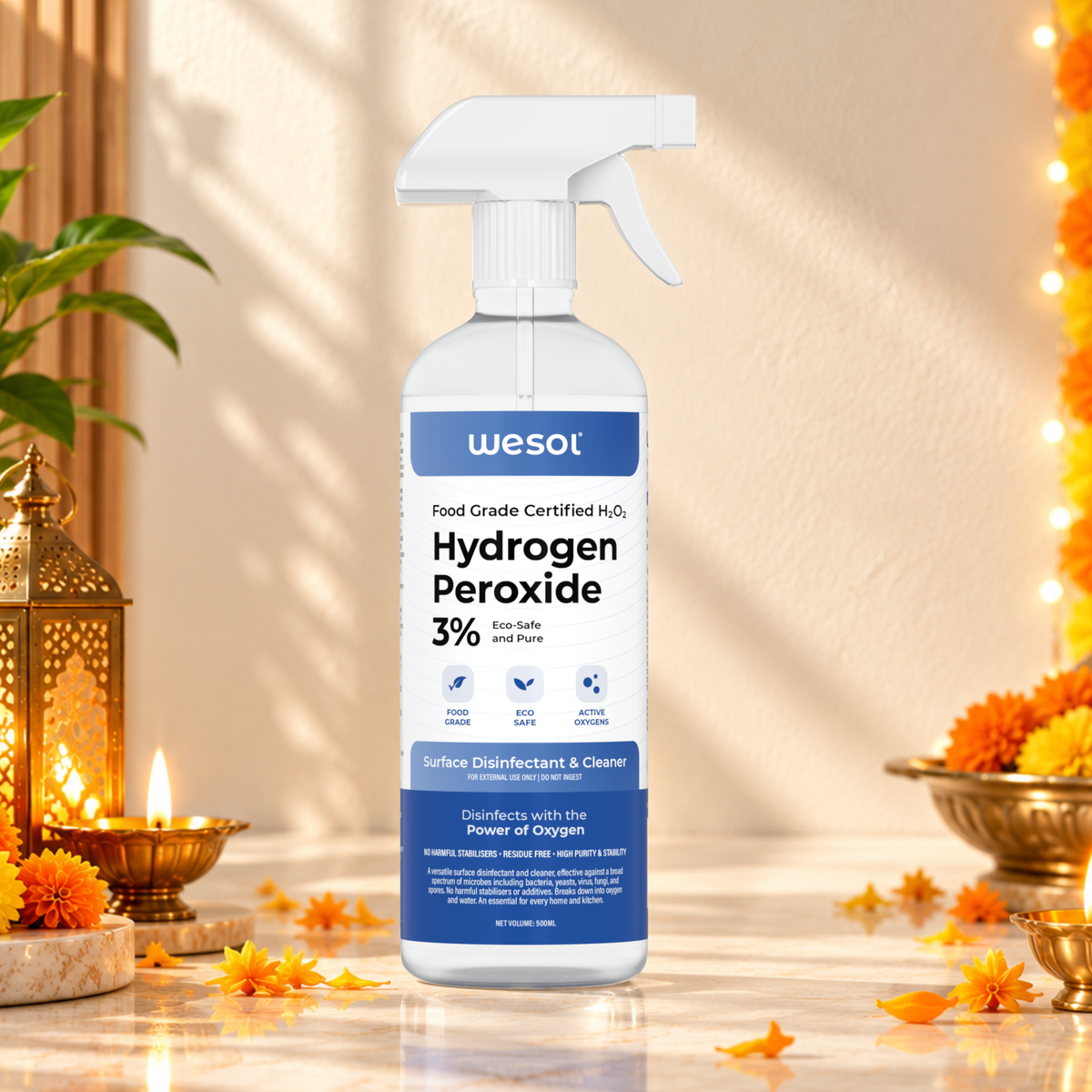 Wesol Hydrogen Peroxide 3% Food Grade | Multi-Use Disinfectant | Kills 99.9% Germs & Viruses | 500ml Pack - Best For Cleaning, General disinfection, deodorising, Hydroponics, Food production
