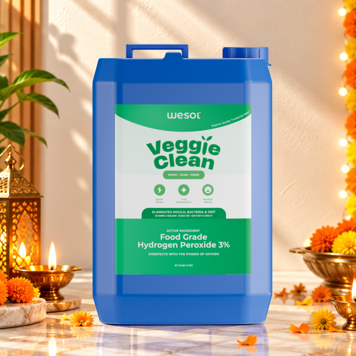 Wesol Vegetable Wash Liquid Hydrogen Peroxide 3% w/w Food Grade 5L Multi-Use Disinfectant | Kills 99.9% Germs & Viruses | Best For Cleaning, General Disinfection, Food production units