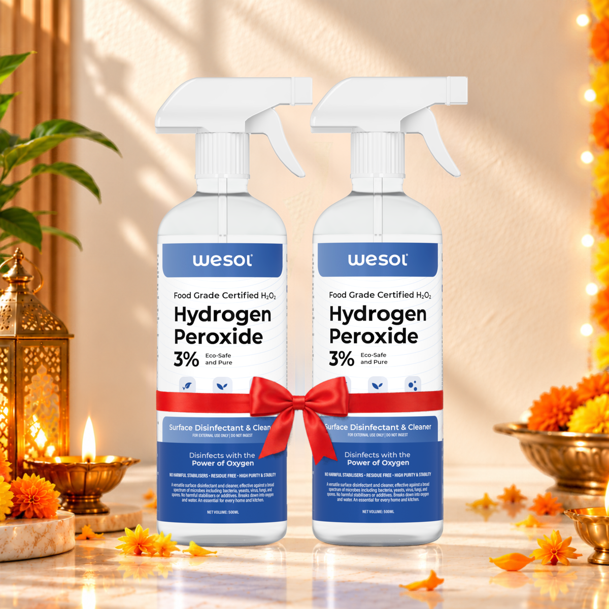Wesol Hydrogen Peroxide 3% Food Grade | Pack of 2 | Multi-Use Disinfectant | Kills 99.9% Germs & Viruses | 500ml Pack - Best For Cleaning, General disinfection, deodorising, Hydroponics, Food production