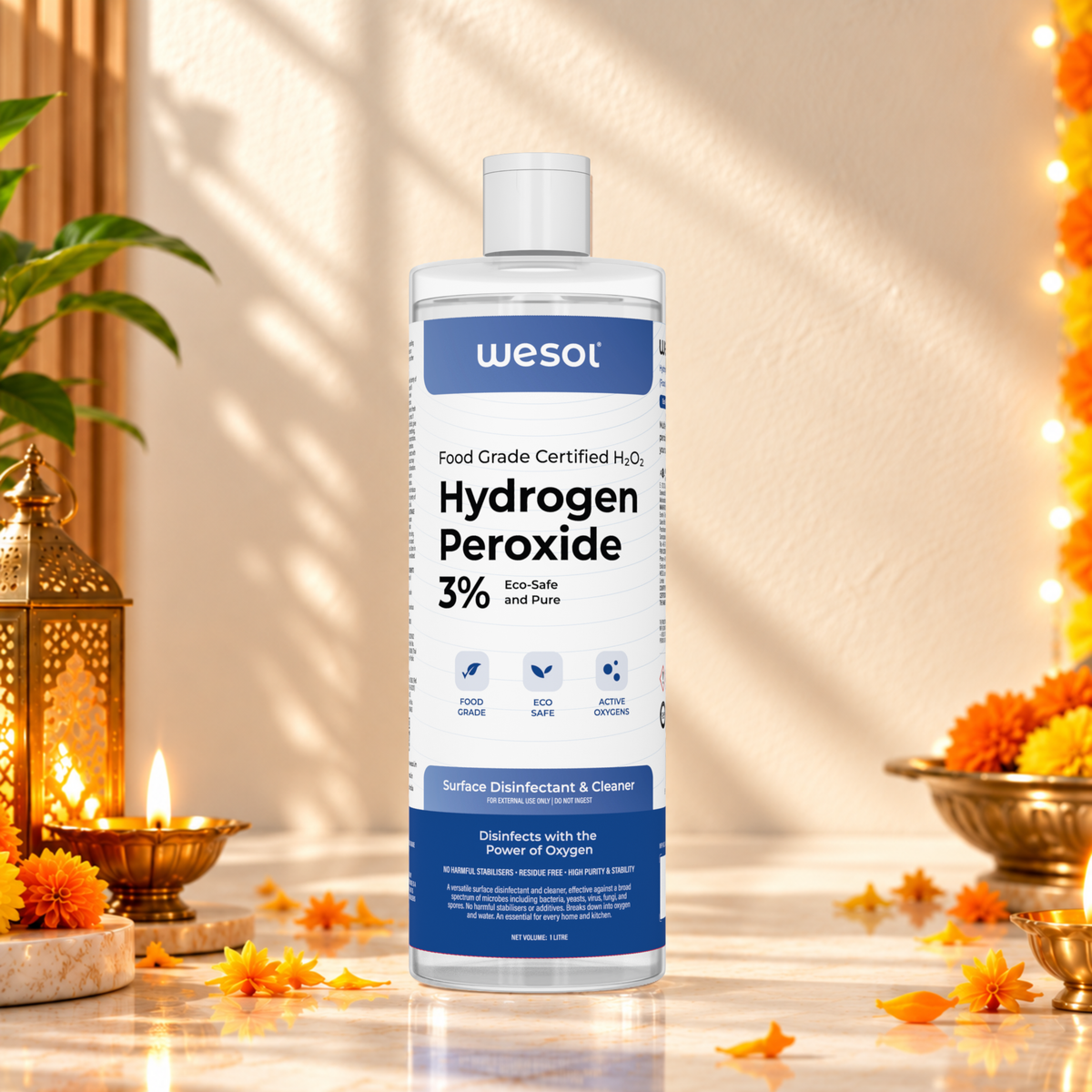 Wesol Hydrogen Peroxide 3% Food Grade | Multi-Use Disinfectant | Kills 99.9% Germs & Viruses | 1 Litre Pack - Best For Cleaning, General disinfection, Hydroponics, Food production units.
