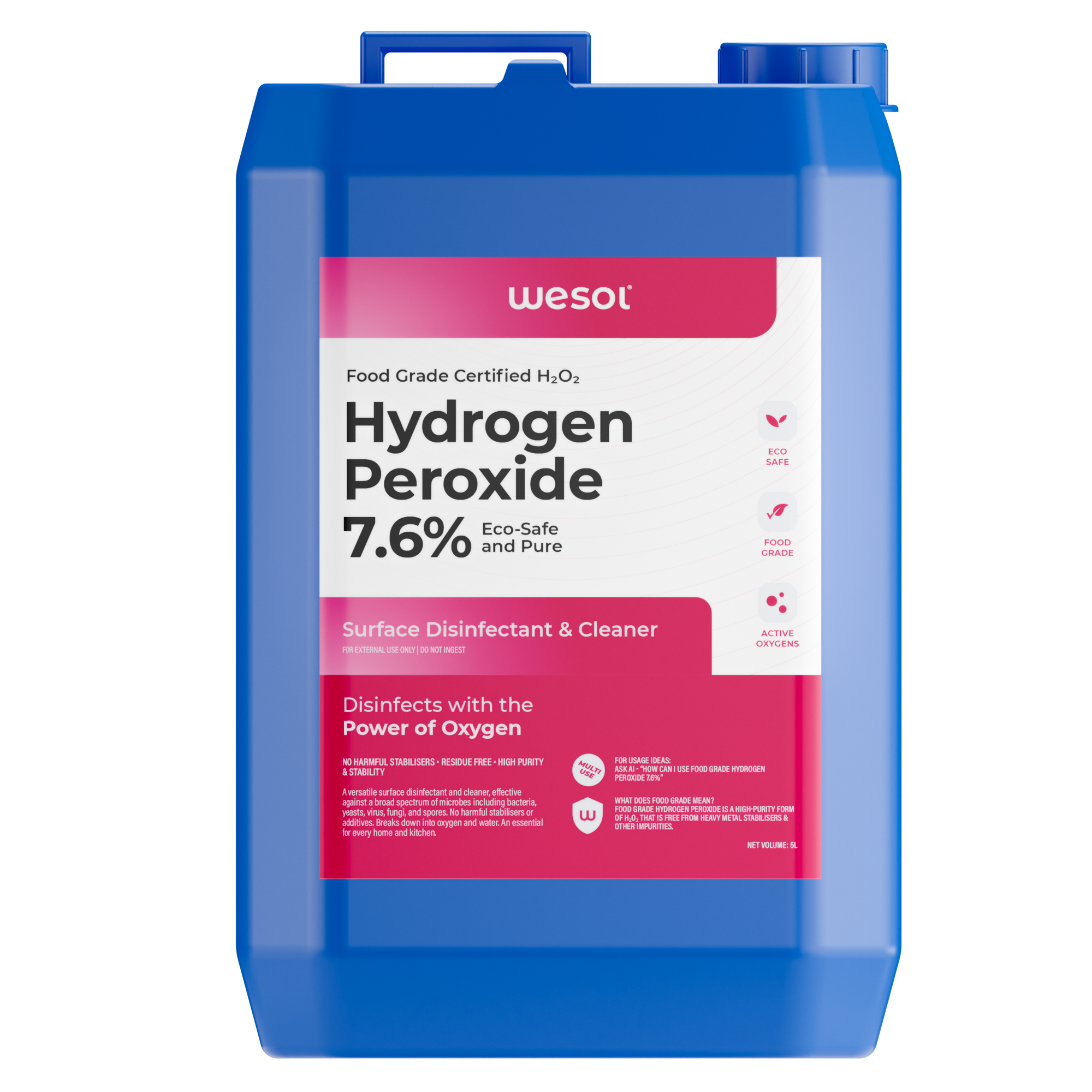 Wesol Hydrogen Peroxide 7.6% w/w (Food Grade) Floor Cleaner Solution | Best For Cleaning disinfection sterilization | Farming Gardening Hydroponics