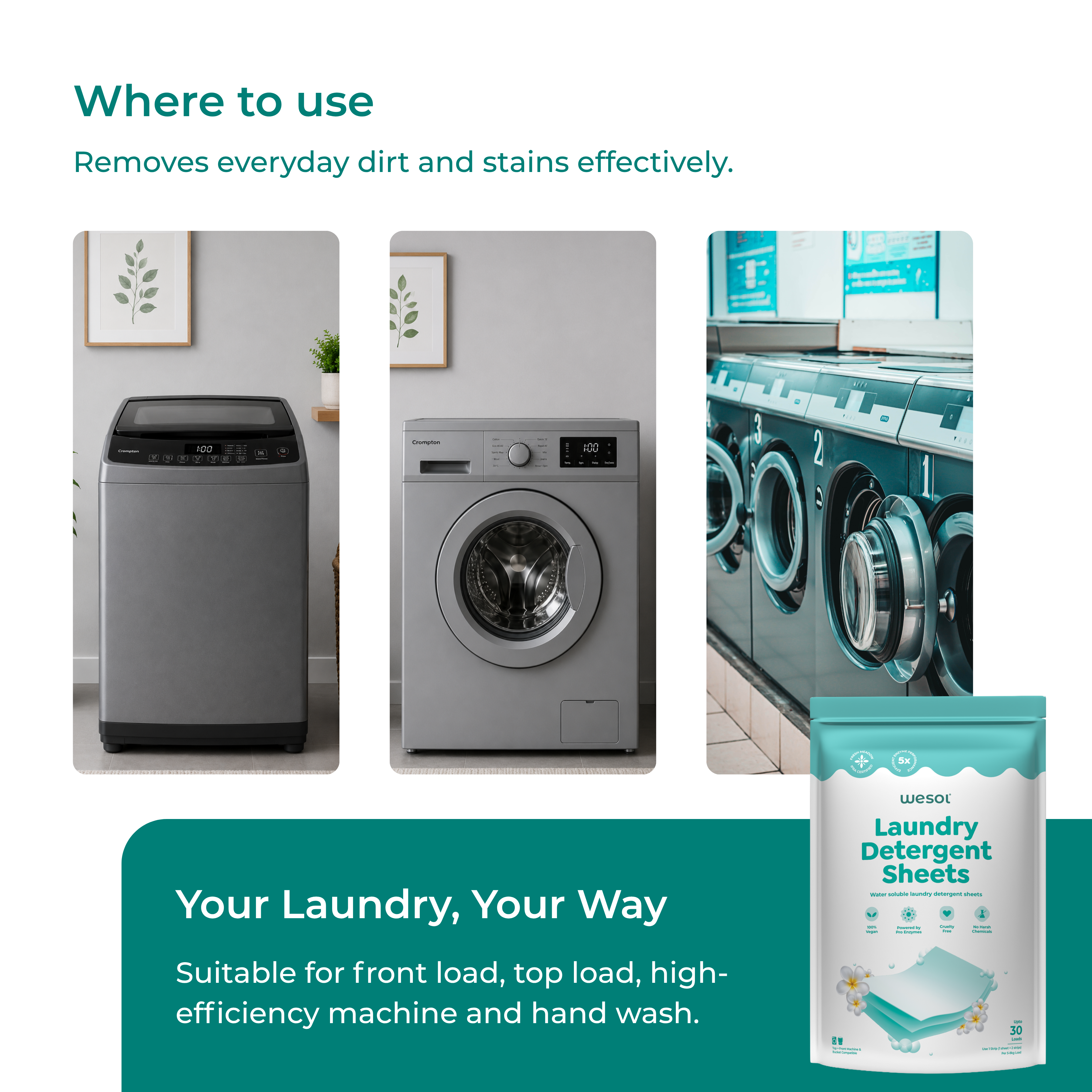 Wesol Laundry Detergent Sheets 30 Strips | Up to 30 Loads | Water-Soluble Laundry Detergent | Suitable for Top Load, Front Load & Bucket Wash