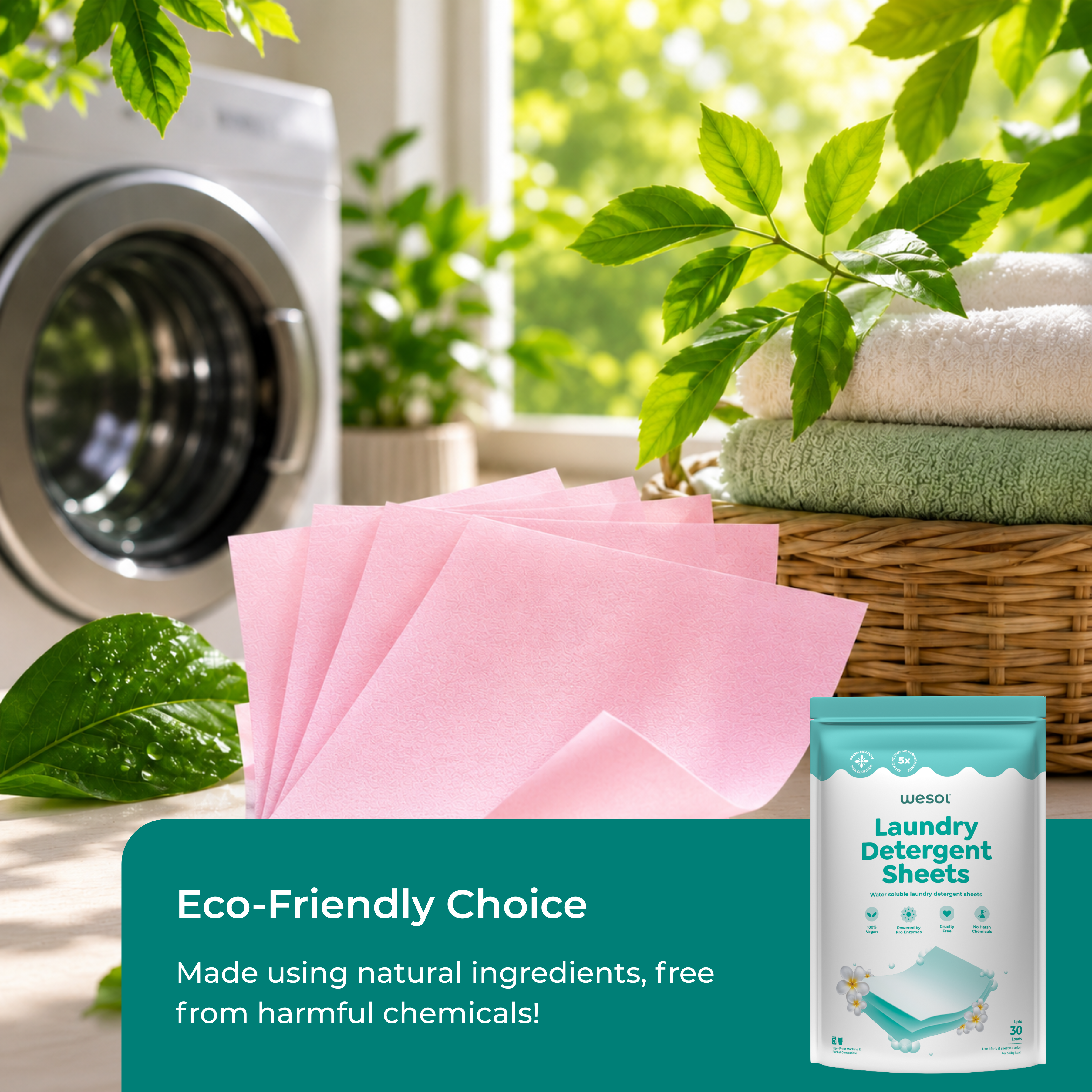 Wesol Laundry Detergent Sheets 30 Strips | Up to 30 Loads | Water-Soluble Laundry Detergent | Suitable for Top Load, Front Load & Bucket Wash
