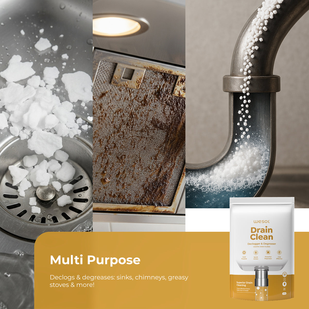 Wesol Drain Clean Drain Cleaner Powder 400g | Powerful Sink & Pipe Unclogger | Removes Grease, Hair & Tough Blockages | Fast Acting for Kitchen, Bathroom & Chimney