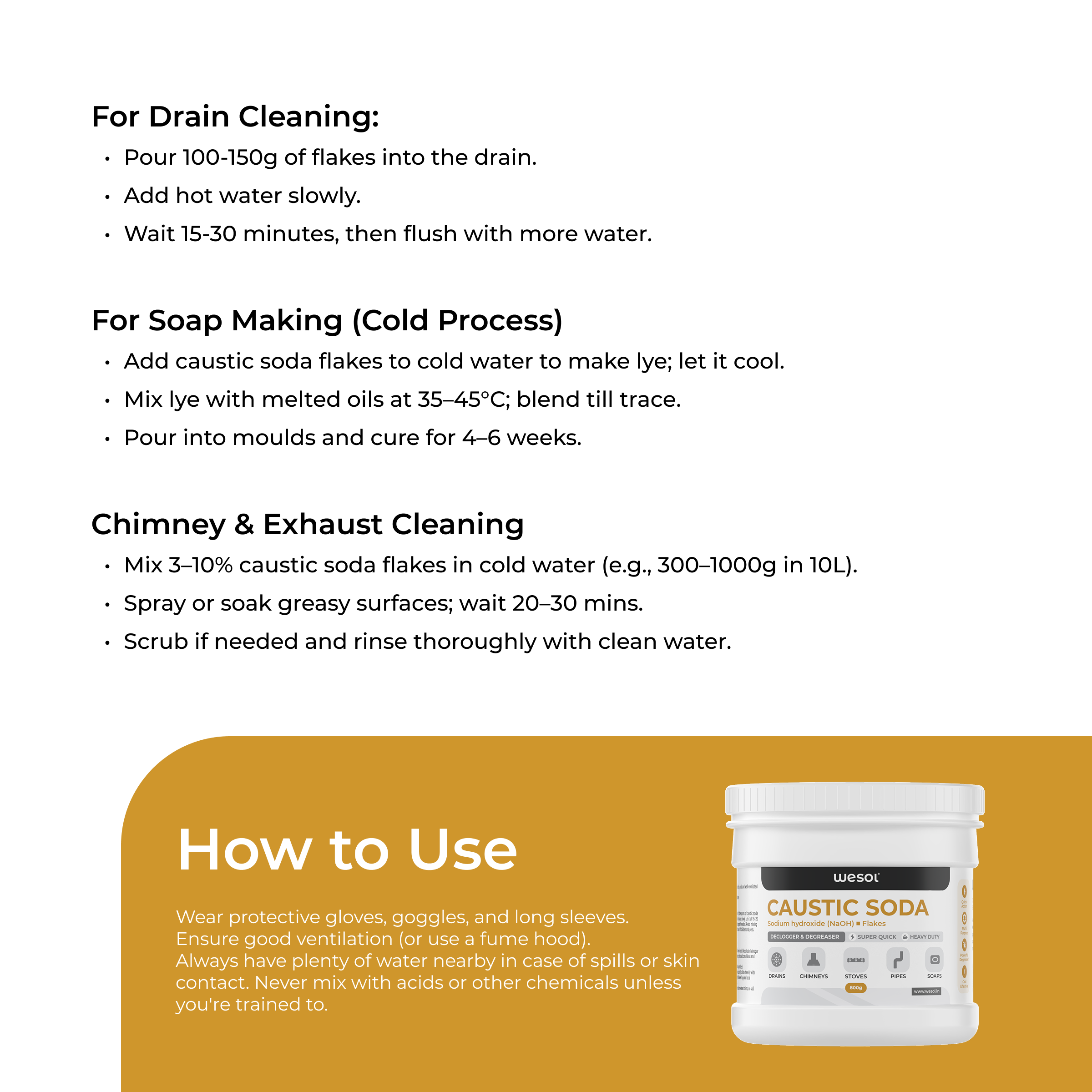 Wesol Caustic Soda Flakes, 800g, Multi-Purpose Declogger and Degreaser for Drains, Chimneys, Stoves, Pipes and Soap Making