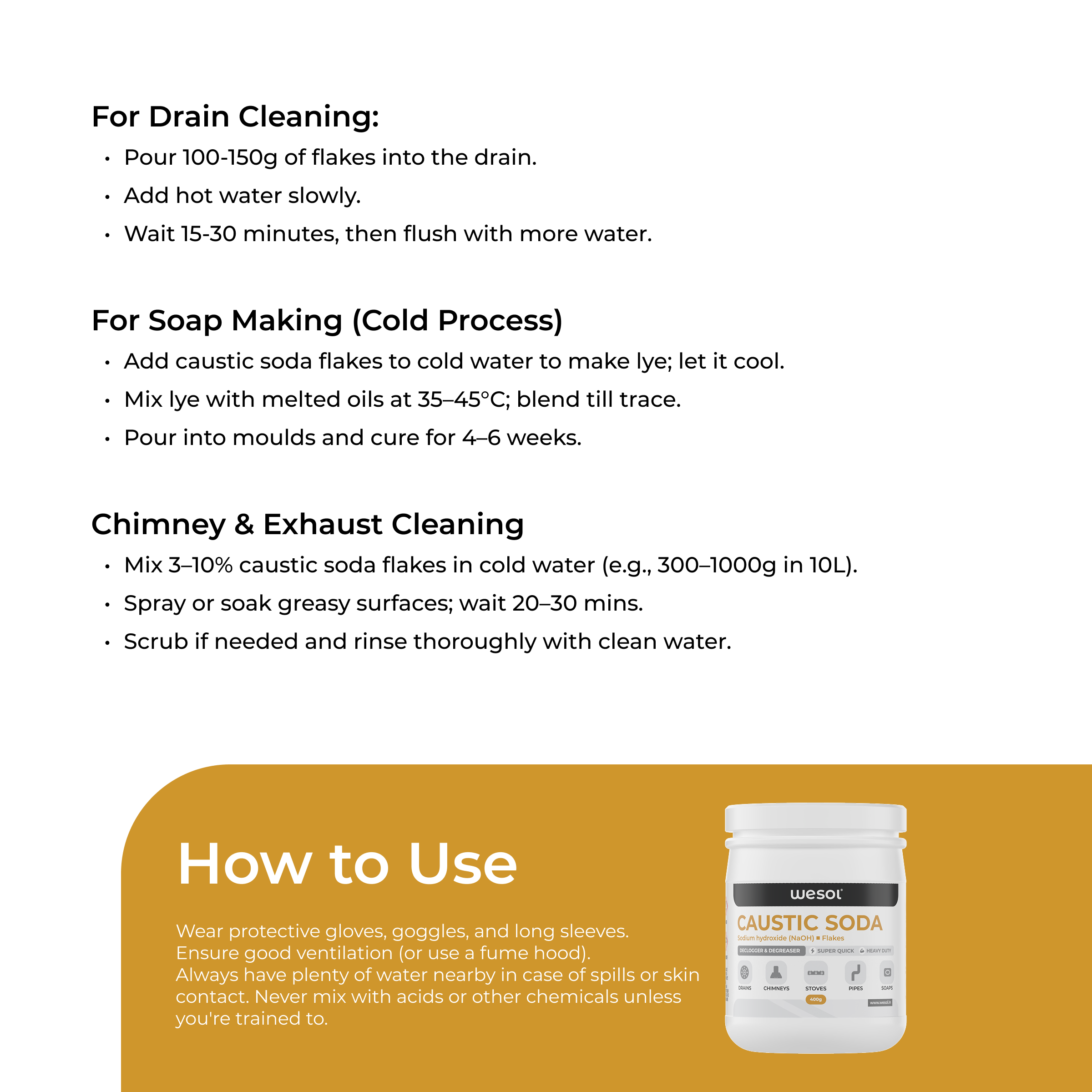 Wesol Caustic Soda Flakes, 400g, Heavy Duty Declogger and Degreaser for Drains, Chimneys, Stoves, Pipes and Soap Making