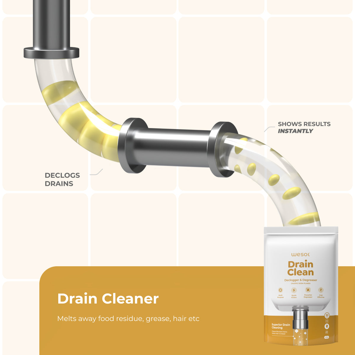 Wesol Drain Clean Drain Cleaner Powder 400g | Powerful Sink & Pipe Unclogger | Removes Grease, Hair & Tough Blockages | Fast Acting for Kitchen, Bathroom & Chimney