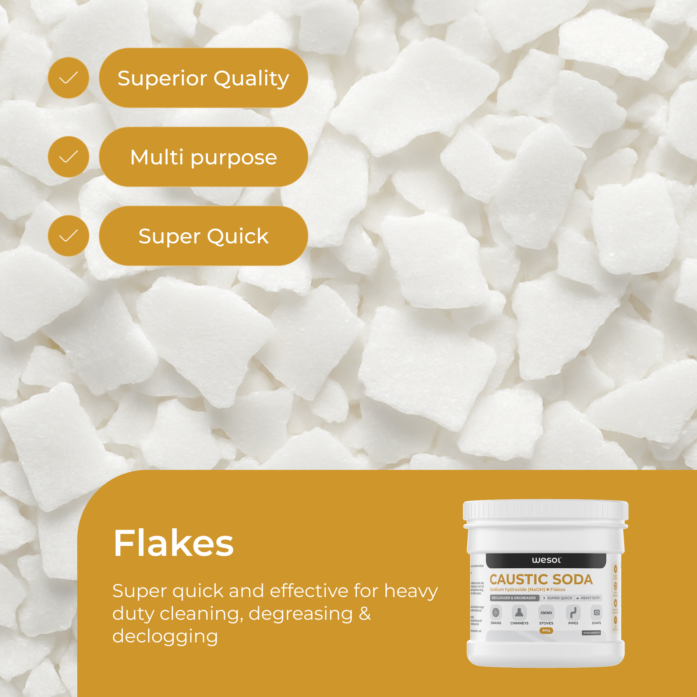 Wesol Caustic Soda Flakes, 800g, Multi-Purpose Declogger and Degreaser for Drains, Chimneys, Stoves, Pipes and Soap Making
