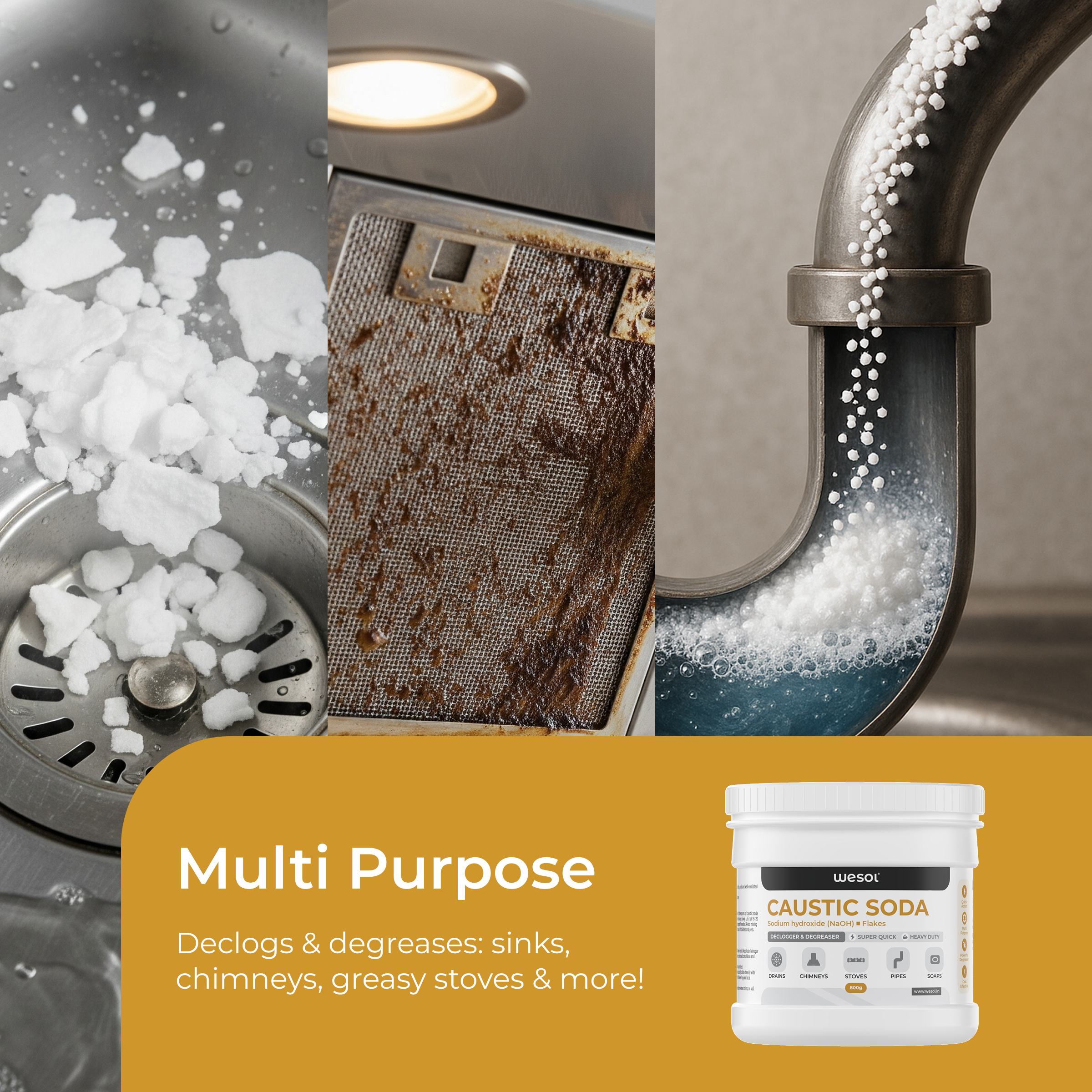 Wesol Caustic Soda Flakes, 800g, Multi-Purpose Declogger and Degreaser for Drains, Chimneys, Stoves, Pipes and Soap Making