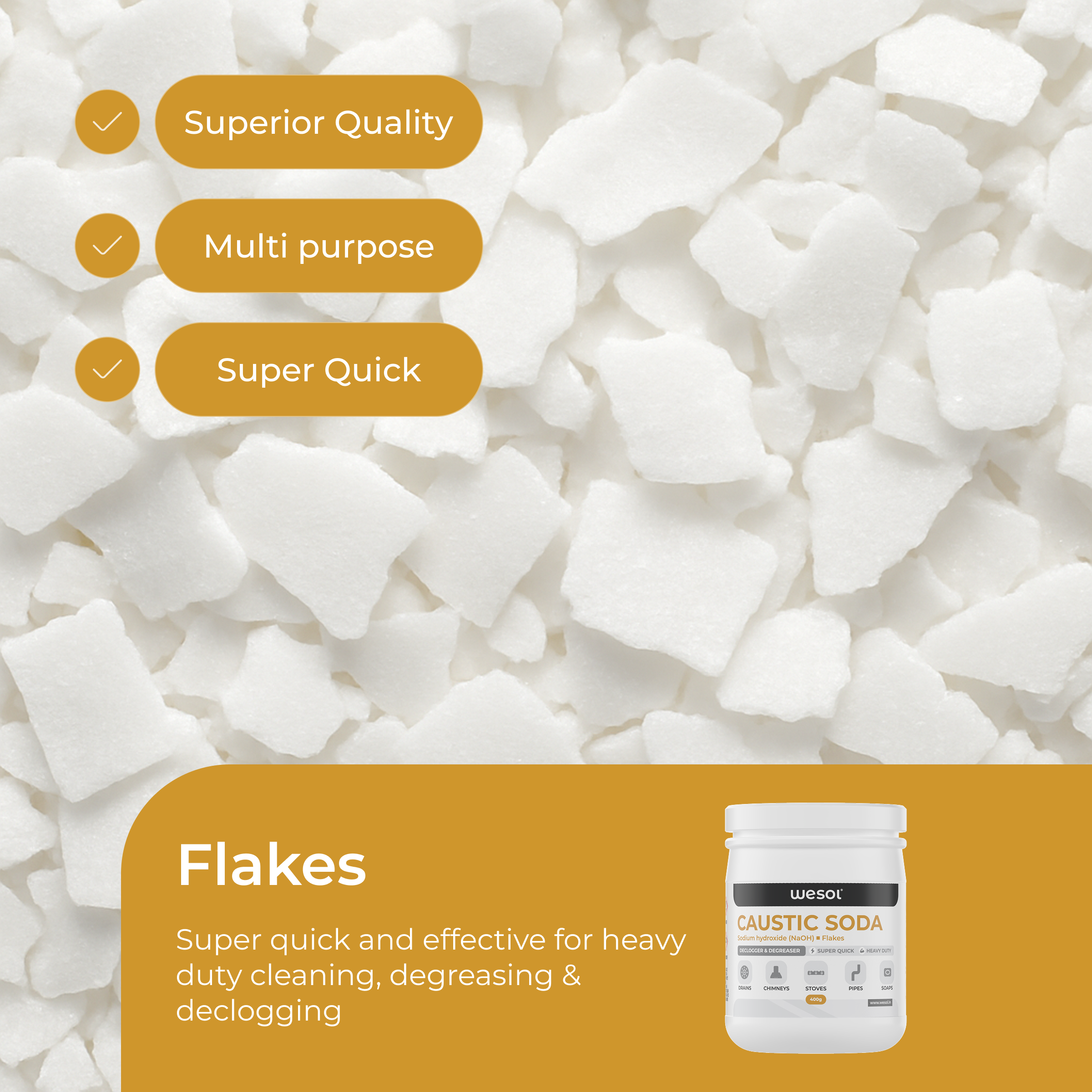 Wesol Caustic Soda Flakes, 400g, Heavy Duty Declogger and Degreaser for Drains, Chimneys, Stoves, Pipes and Soap Making