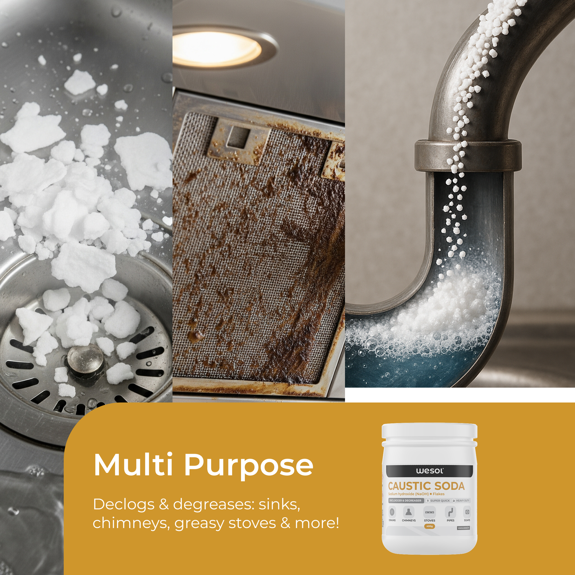 Wesol Caustic Soda Flakes, 400g, Heavy Duty Declogger and Degreaser for Drains, Chimneys, Stoves, Pipes and Soap Making