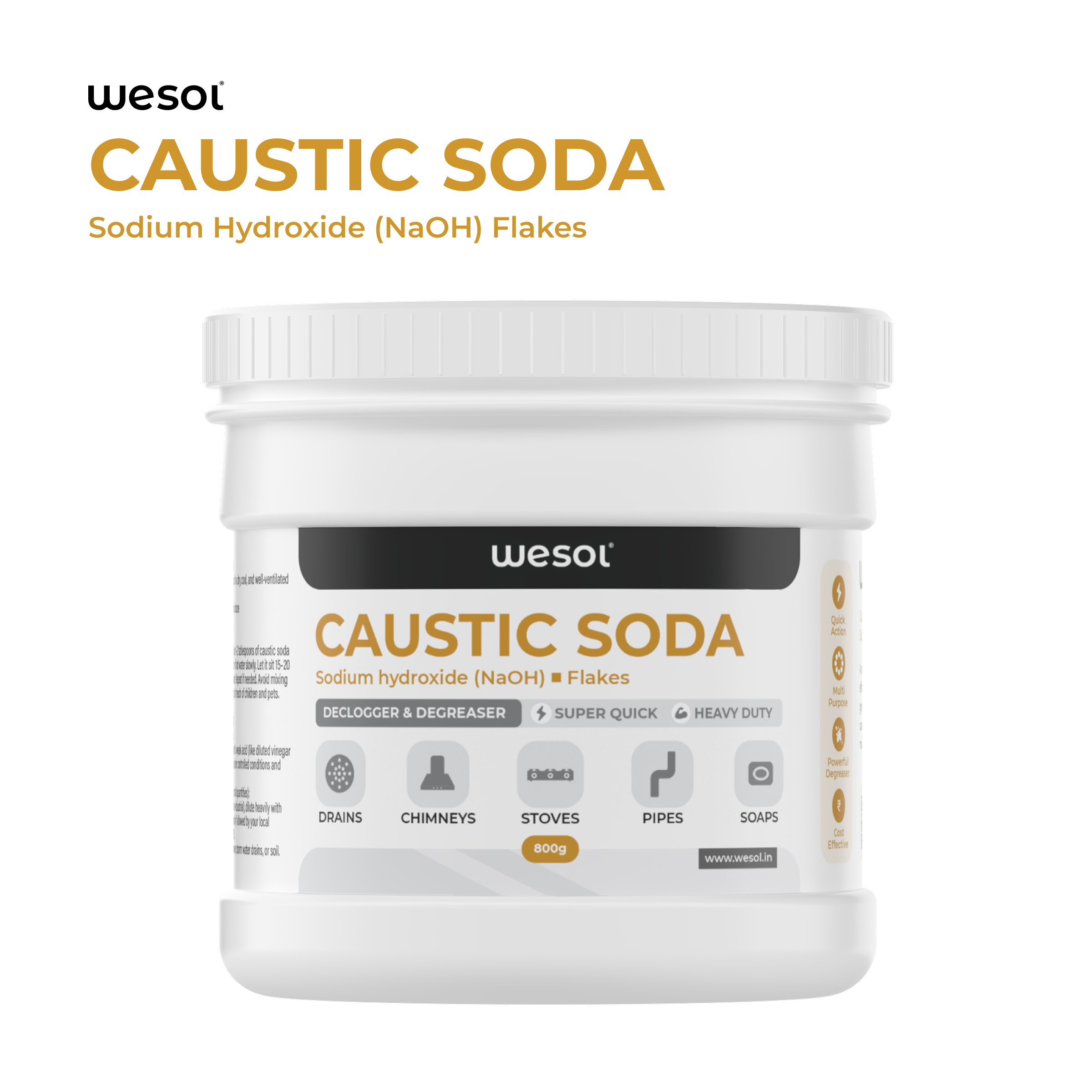 Wesol Caustic Soda Flakes, 800g, Multi-Purpose Declogger and Degreaser for Drains, Chimneys, Stoves, Pipes and Soap Making