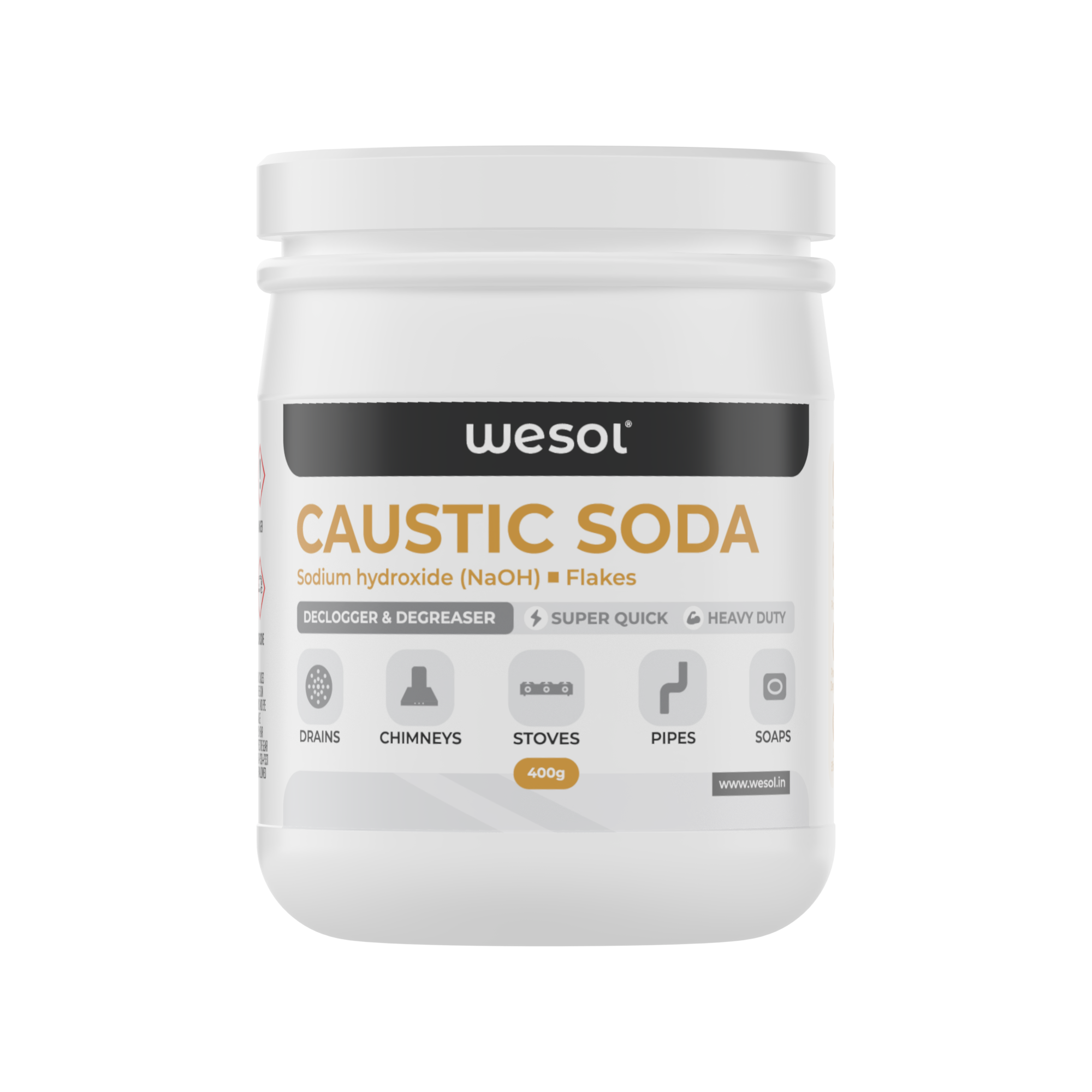 Wesol Caustic Soda Flakes, 400g, Heavy Duty Declogger and Degreaser for Drains, Chimneys, Stoves, Pipes and Soap Making