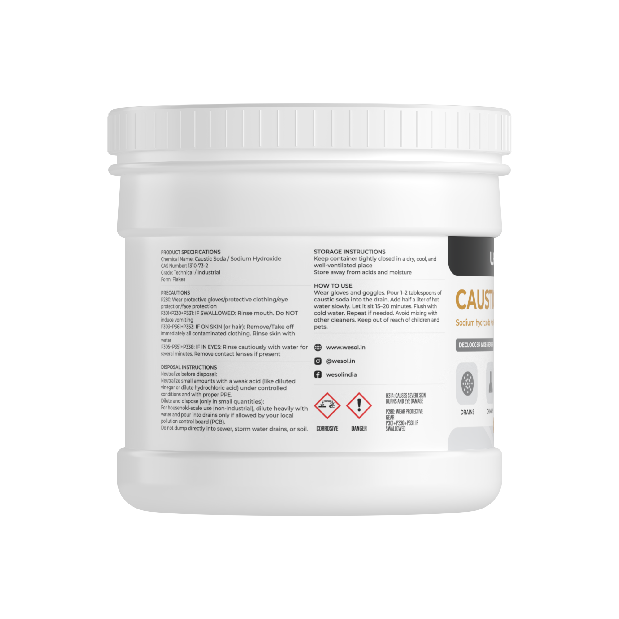 Wesol Caustic Soda Flakes, 800g, Multi-Purpose Declogger and Degreaser for Drains, Chimneys, Stoves, Pipes and Soap Making