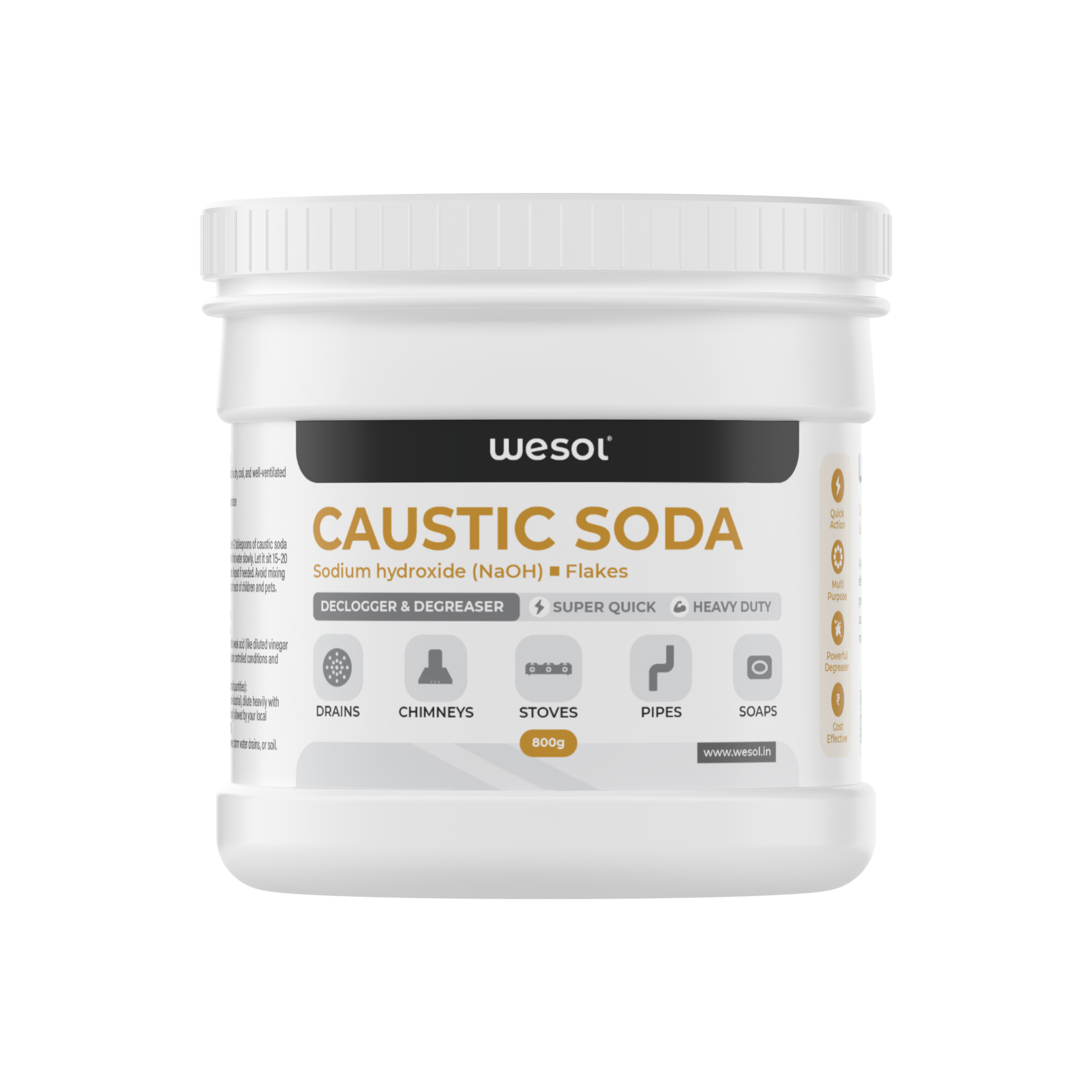 Wesol Caustic Soda Flakes, 800g, Multi-Purpose Declogger and Degreaser for Drains, Chimneys, Stoves, Pipes and Soap Making