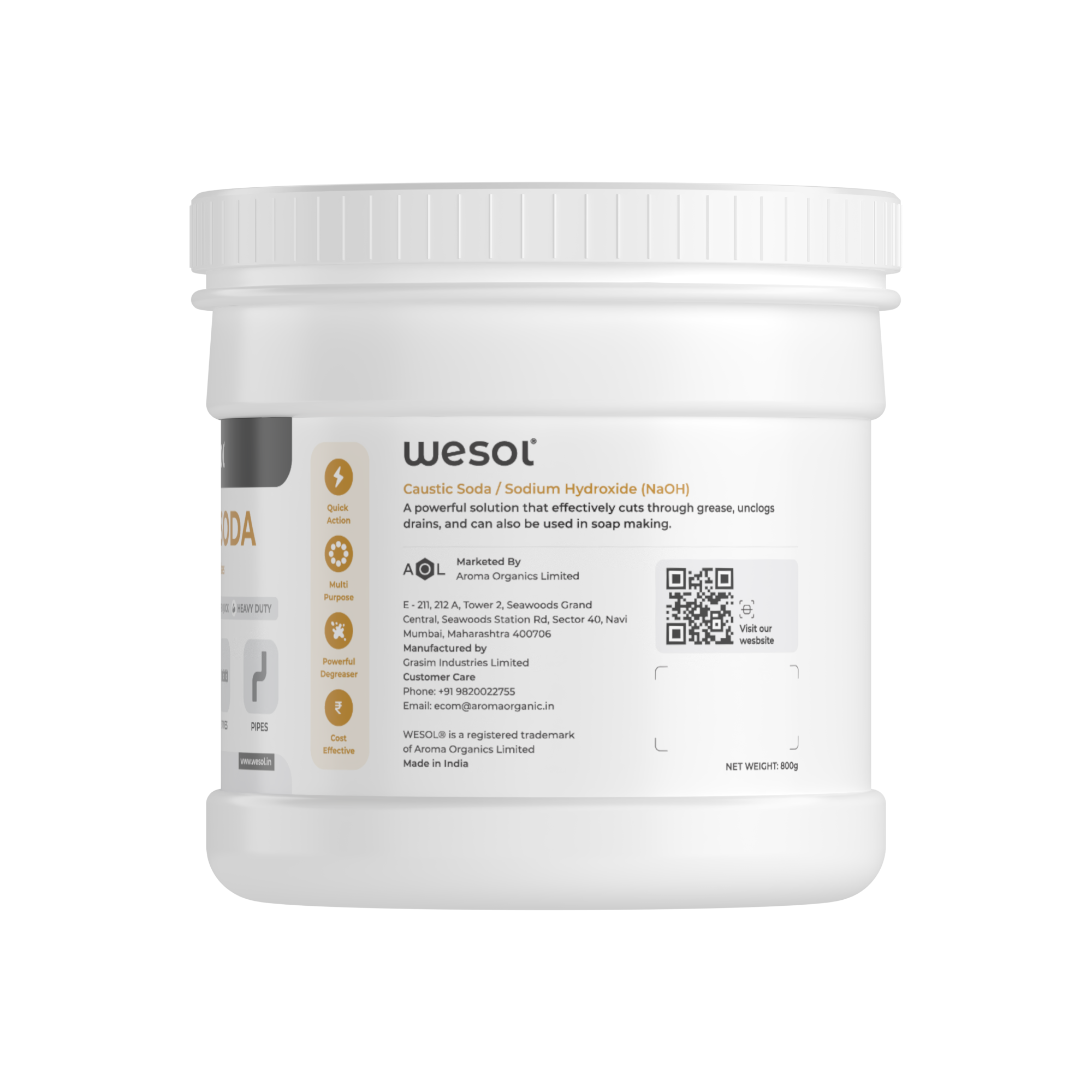 Wesol Caustic Soda Flakes, 800g, Multi-Purpose Declogger and Degreaser for Drains, Chimneys, Stoves, Pipes and Soap Making