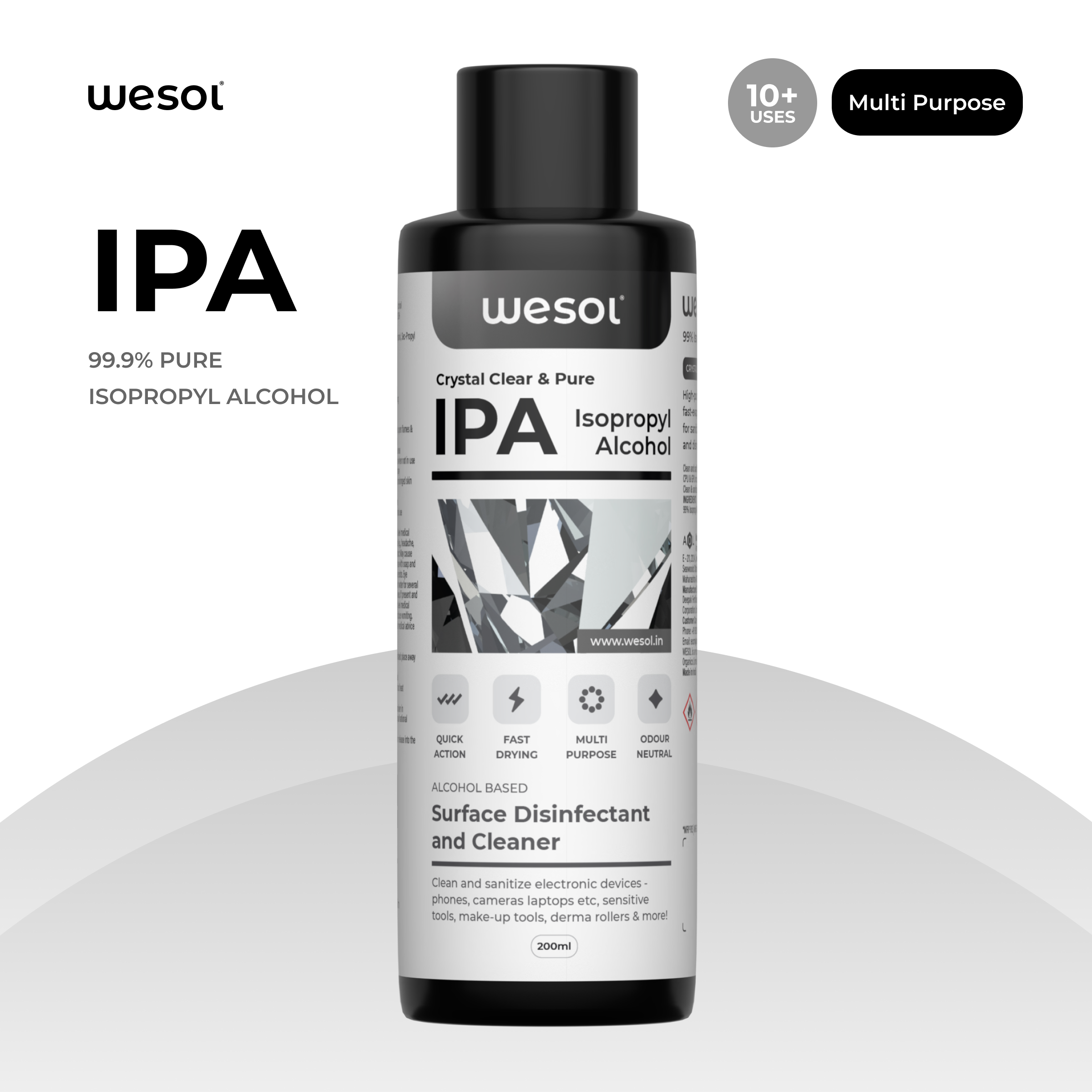 Wesol IPA Isopropyl Alcohol 99.9% Surface Disinfectant and Cleaner, 200ml, Multi-Purpose for Electronics, Makeup Tools, Derma Rollers
