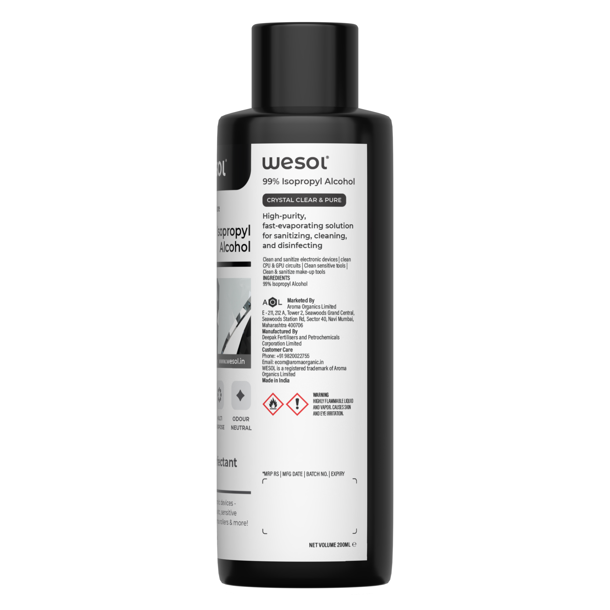 Wesol IPA Isopropyl Alcohol 99.9% Surface Disinfectant and Cleaner, 200ml, Multi-Purpose for Electronics, Makeup Tools, Derma Rollers