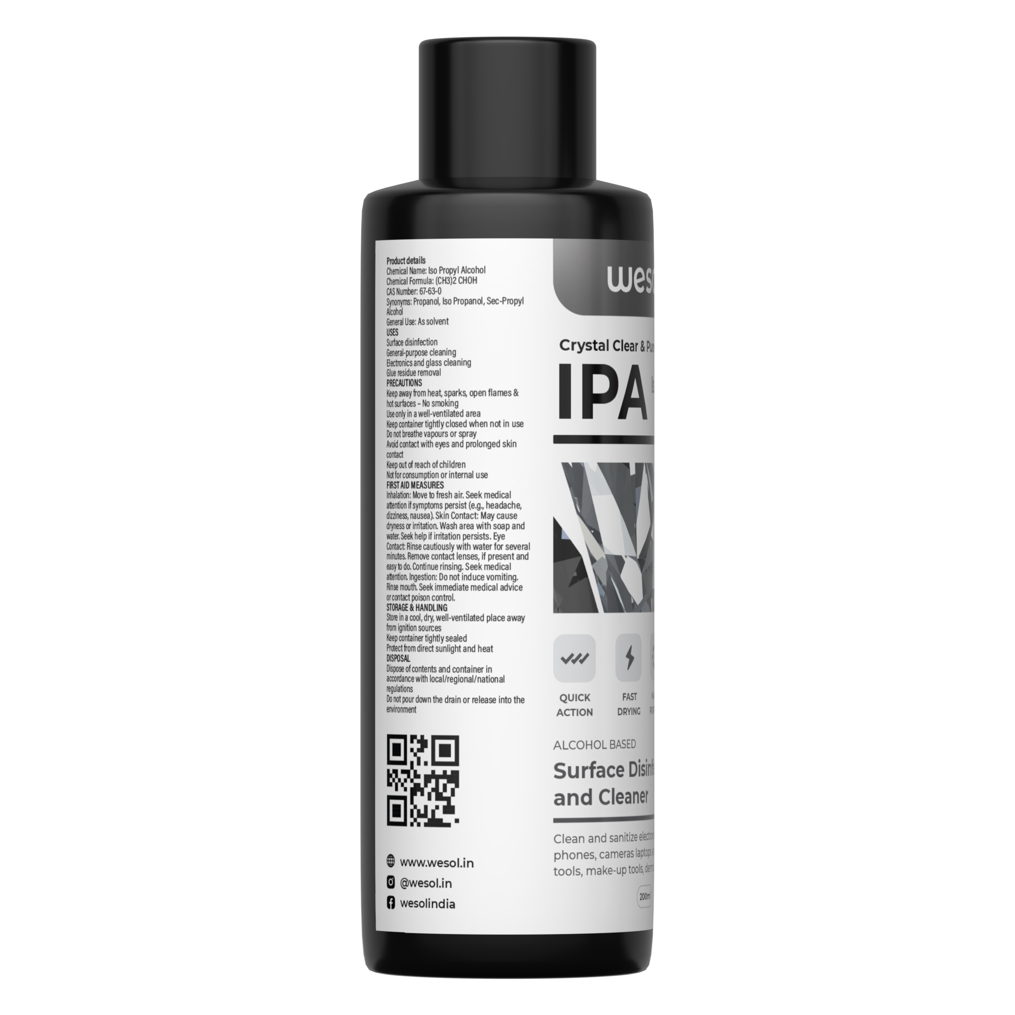 Wesol IPA Isopropyl Alcohol 99.9% Surface Disinfectant and Cleaner, 200ml, Multi-Purpose for Electronics, Makeup Tools, Derma Rollers