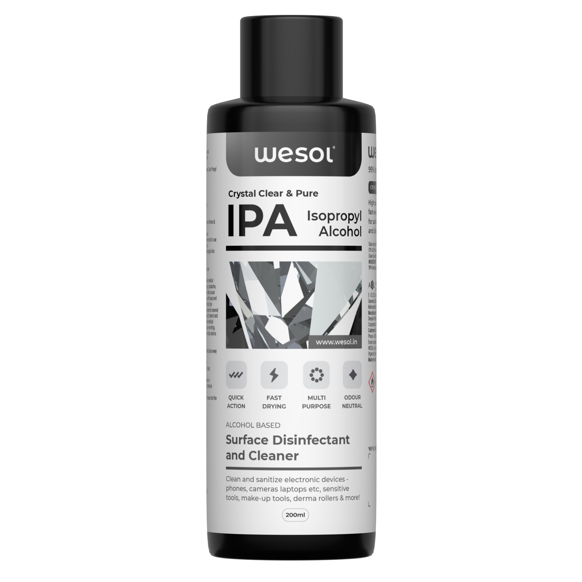 Wesol IPA Isopropyl Alcohol 99.9% Surface Disinfectant and Cleaner, 200ml, Multi-Purpose for Electronics, Makeup Tools, Derma Rollers
