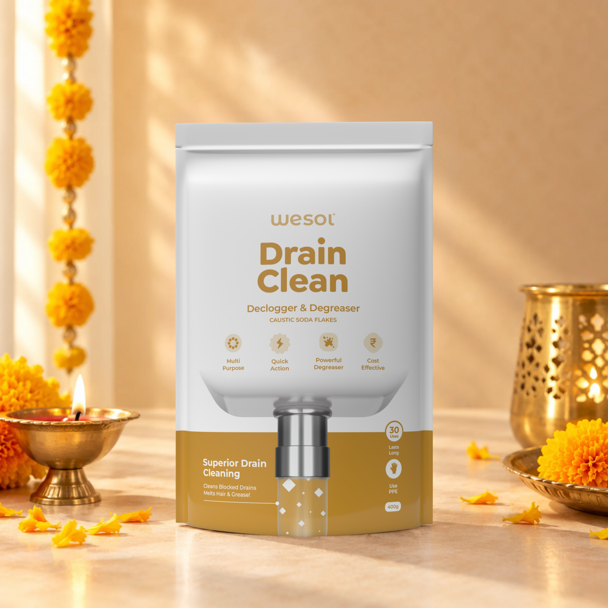 Wesol Drain Clean Drain Cleaner Powder 400g | Powerful Sink & Pipe Unclogger | Removes Grease, Hair & Tough Blockages | Fast Acting for Kitchen, Bathroom & Chimney