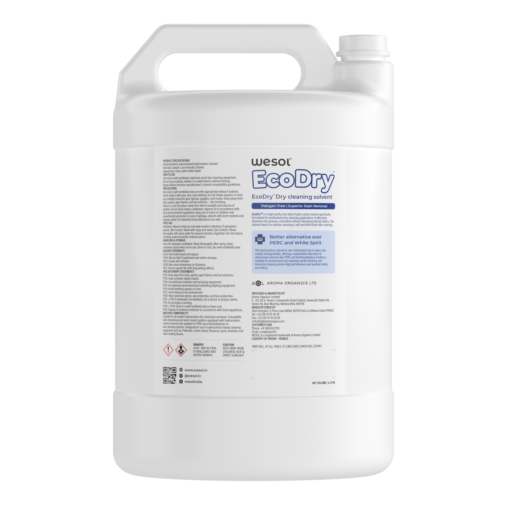 Wesol EcoDry Professional Dry Cleaning Solvent for Laundry, 5L Halogen-Free Formula, Multi-Fabric Compatible, Shrink Free, and Fast-Drying Solution for Hydrocarbon Machines