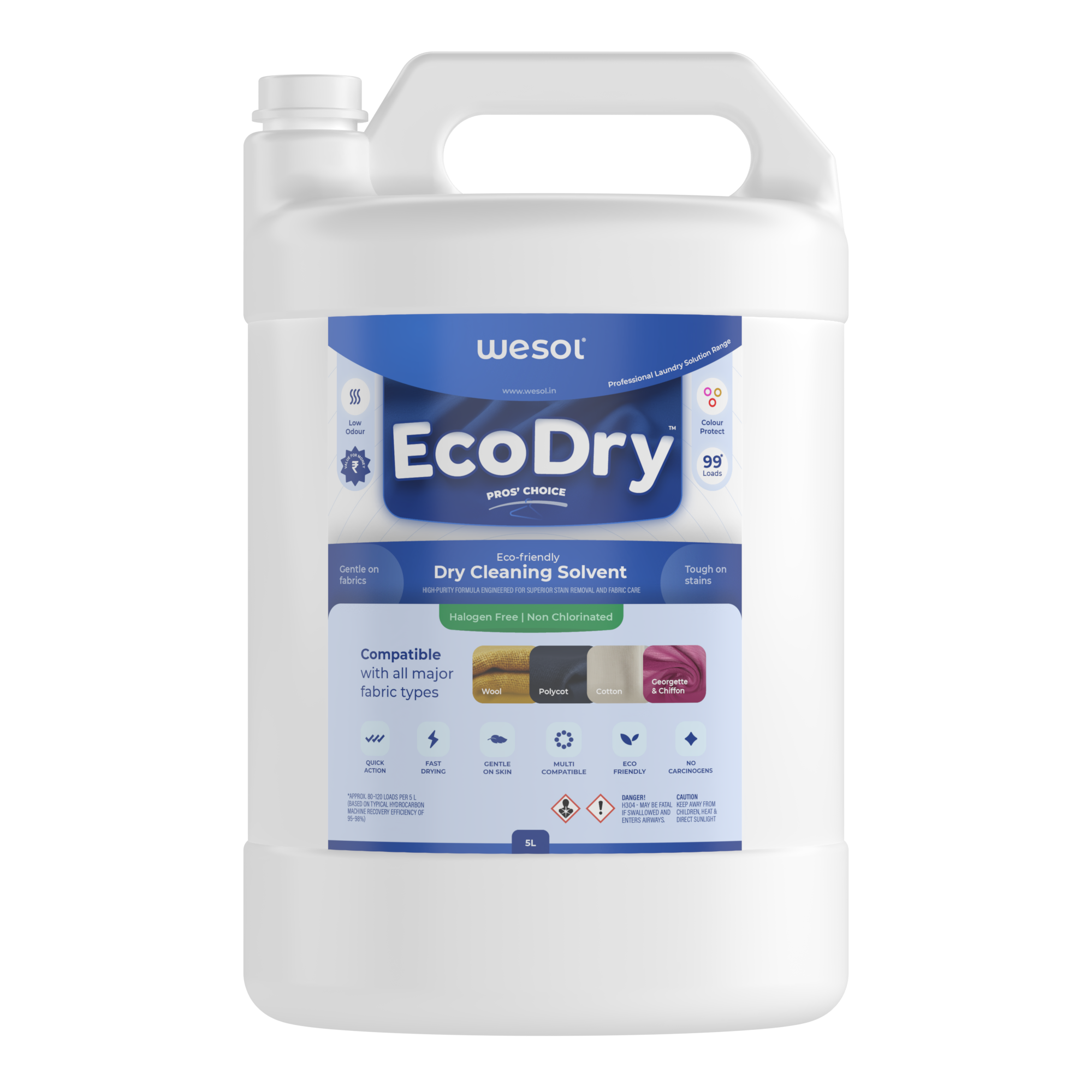 Wesol EcoDry Professional Dry Cleaning Solvent for Laundry, 5L Halogen-Free Formula, Multi-Fabric Compatible, Shrink Free, and Fast-Drying Solution for Hydrocarbon Machines