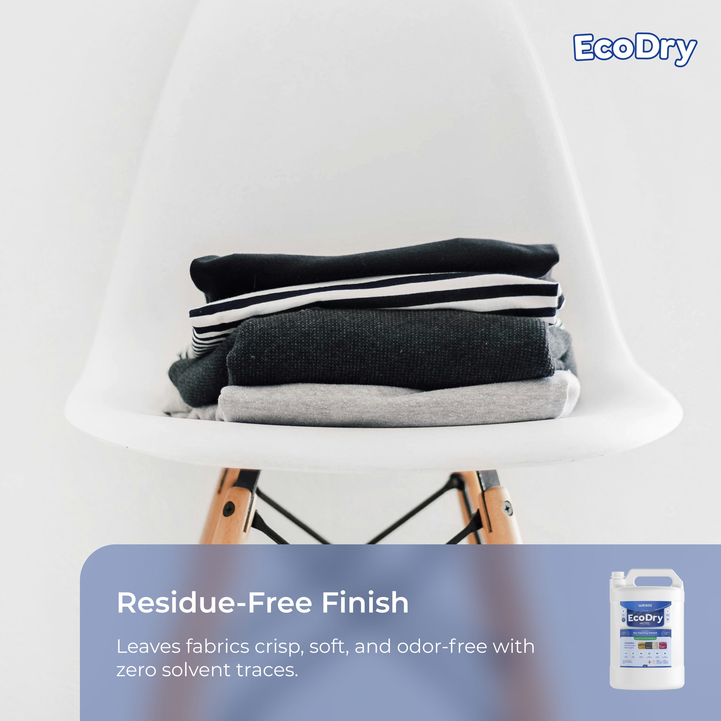 Wesol EcoDry Professional Dry Cleaning Solvent for Laundry, 5L Halogen-Free Formula, Multi-Fabric Compatible, Shrink Free, and Fast-Drying Solution for Hydrocarbon Machines