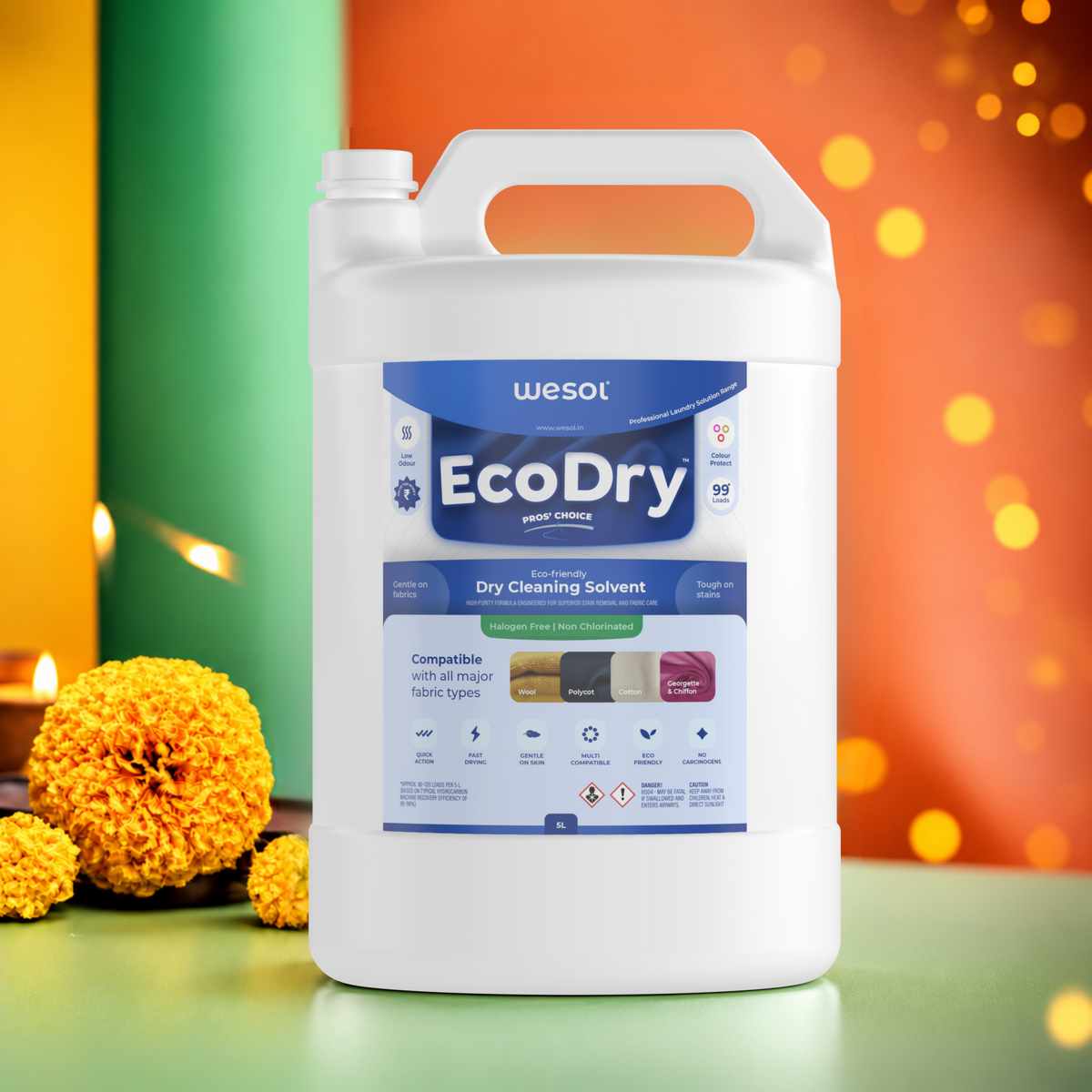 Wesol EcoDry Professional Dry Cleaning Solvent for Laundry, 5L Halogen-Free Formula, Multi-Fabric Compatible, Shrink Free, and Fast-Drying Solution for Hydrocarbon Machines