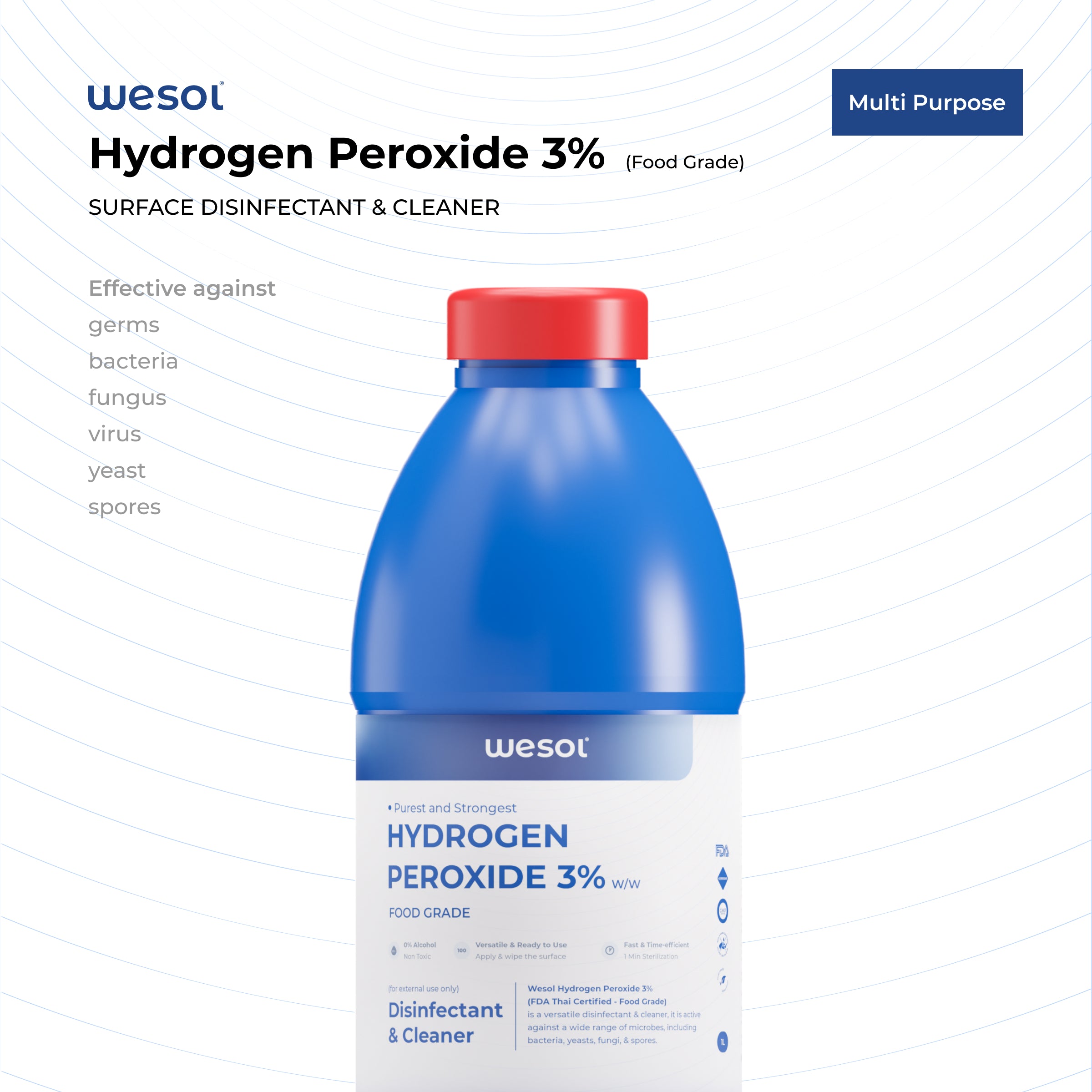 Wesol Hydrogen Peroxide 3% Food Grade | Multi-Use Disinfectant | Kills 99.9% Germs & Viruses | 1 Litre Pack - Best For Cleaning, General disinfection, Hydroponics, Food production units.