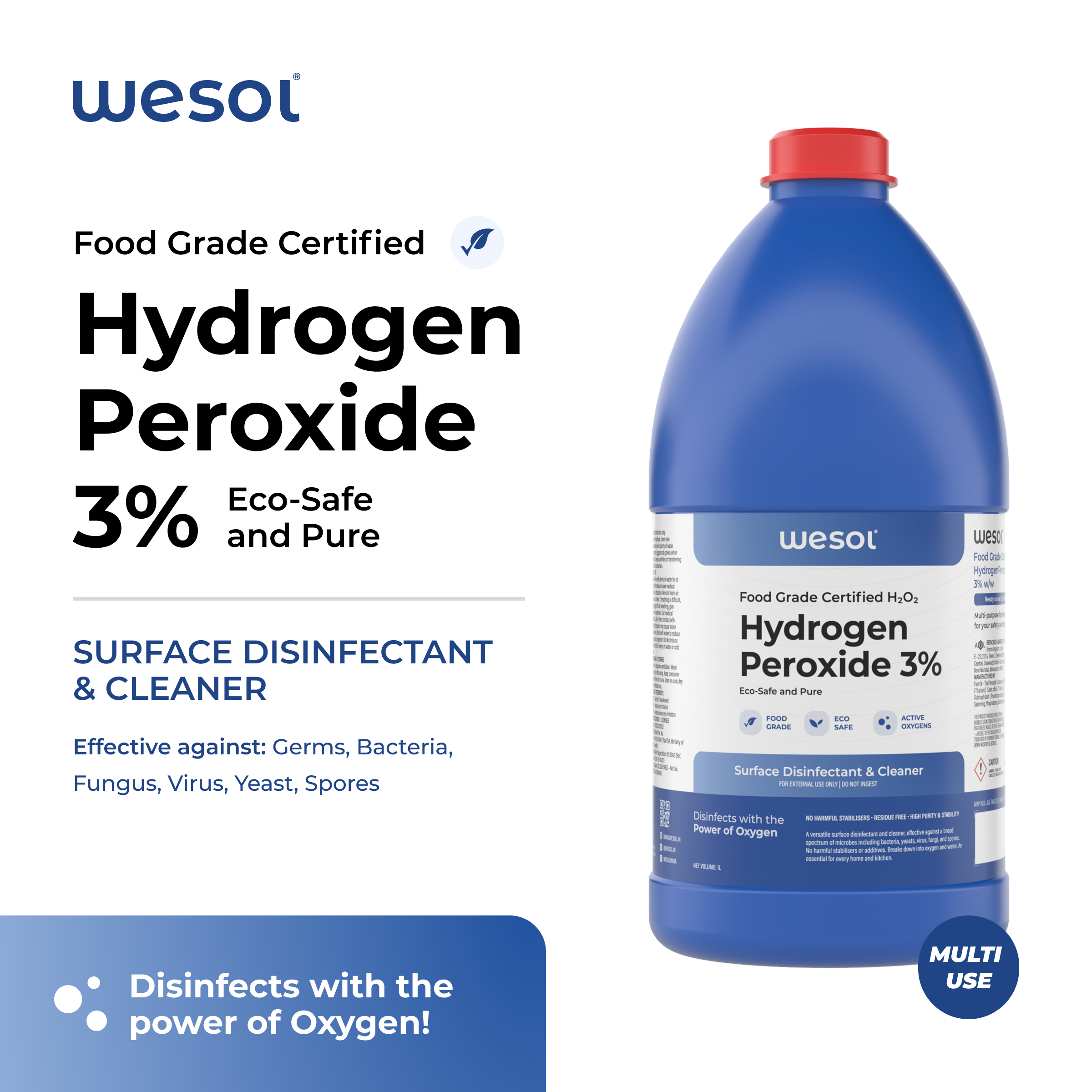 Wesol Hydrogen Peroxide 3% Food Grade | Multi-Use Disinfectant | Kills 99.9% Germs & Viruses | 1 Litre Pack - Best For Cleaning, General disinfection, Hydroponics, Food production units.