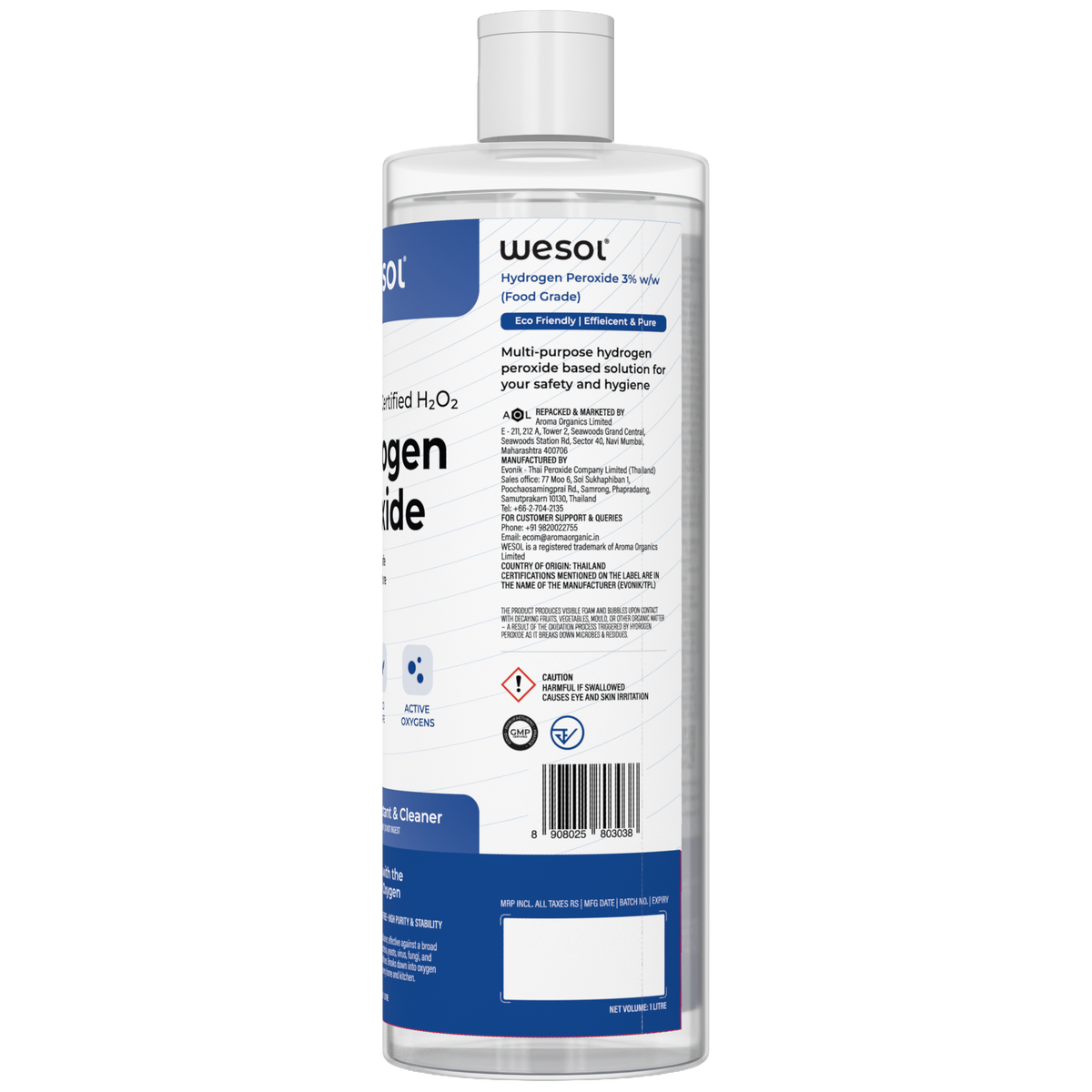 Wesol Hydrogen Peroxide 3% Food Grade Multi-Use Disinfectant |Kills 99.9% Germs & Viruses | 1 Litre (Pack of 2)-Best For Cleaning, General disinfection, deodorising, Hydroponics, Food production unit