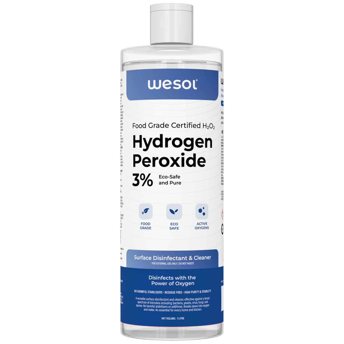 Wesol Hydrogen Peroxide 3% Food Grade | Multi-Use Disinfectant | Kills 99.9% Germs & Viruses | 1 Litre Pack - Best For Cleaning, General disinfection, Hydroponics, Food production units.