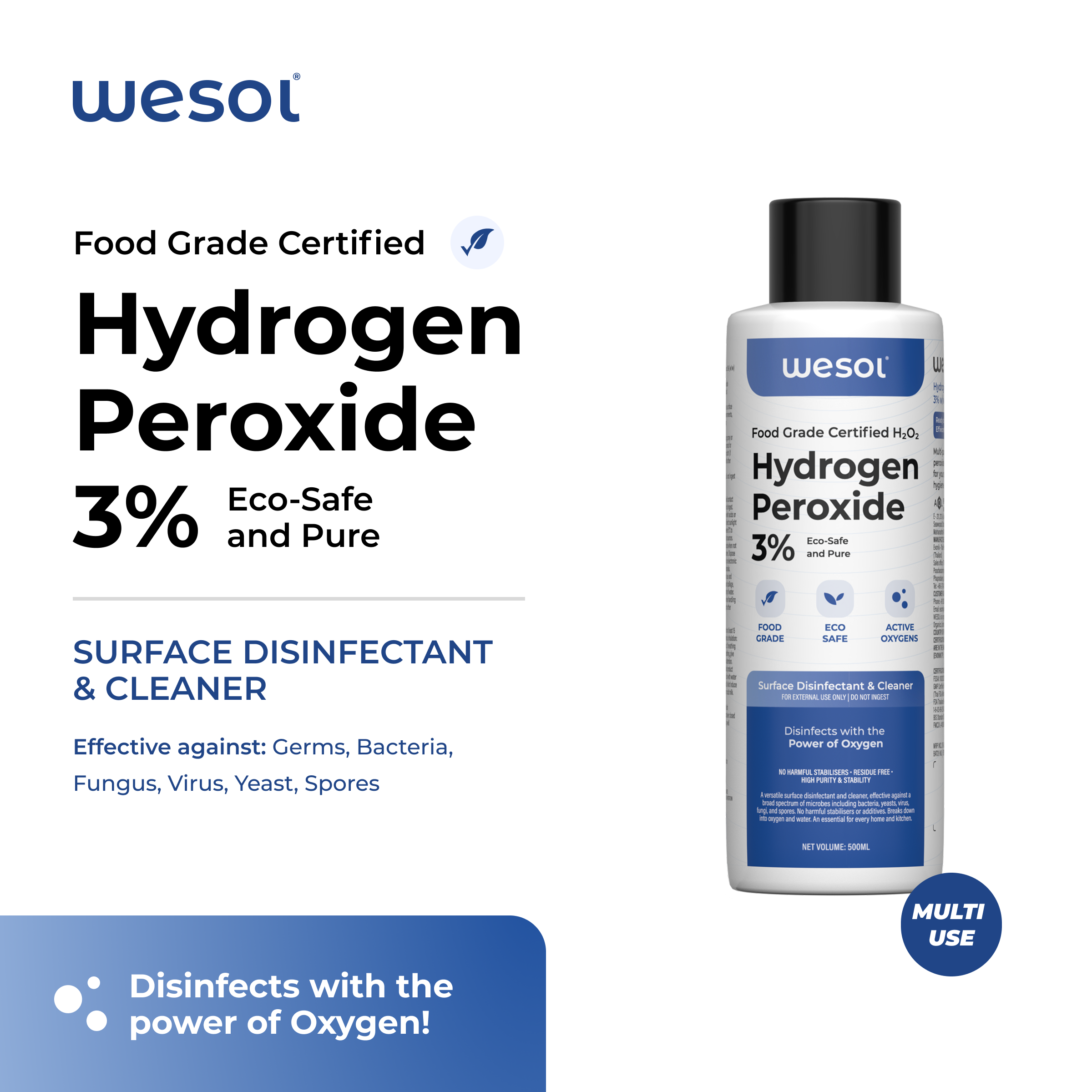 Wesol Hydrogen Peroxide 3% Food Grade | Multi-Use Disinfectant | Kills 99.9% Germs & Viruses | 200 ml Pack - Best For Cleaning, General disinfection, deodorising, Hydroponics, Food production