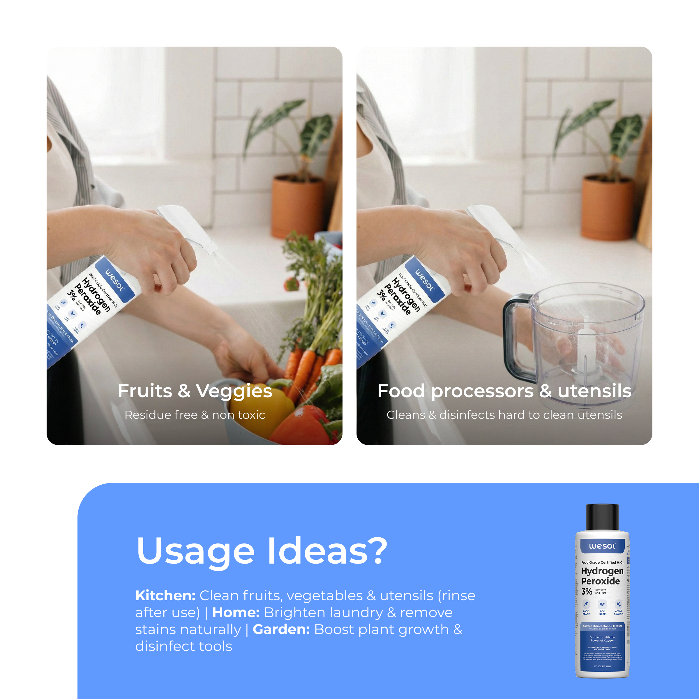 Wesol Hydrogen Peroxide 3% Food Grade | Multi-Use Disinfectant | Kills 99.9% Germs & Viruses | 200 ml Pack - Best For Cleaning, General disinfection, deodorising, Hydroponics, Food production