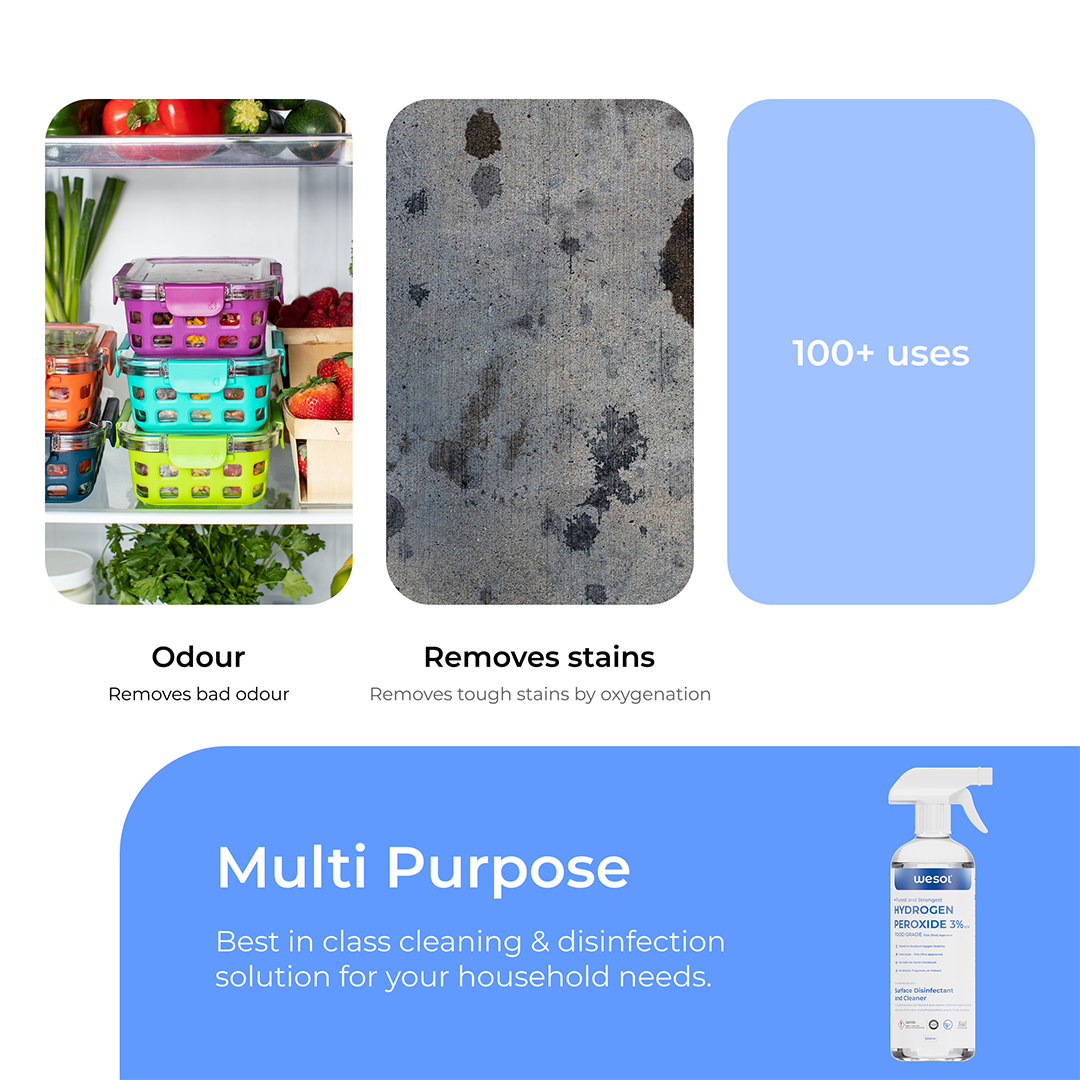 Wesol Hydrogen Peroxide 3% Food Grade | Multi-Use Disinfectant | Kills 99.9% Germs & Viruses | 500ml Pack - Best For Cleaning, General disinfection, deodorising, Hydroponics, Food production