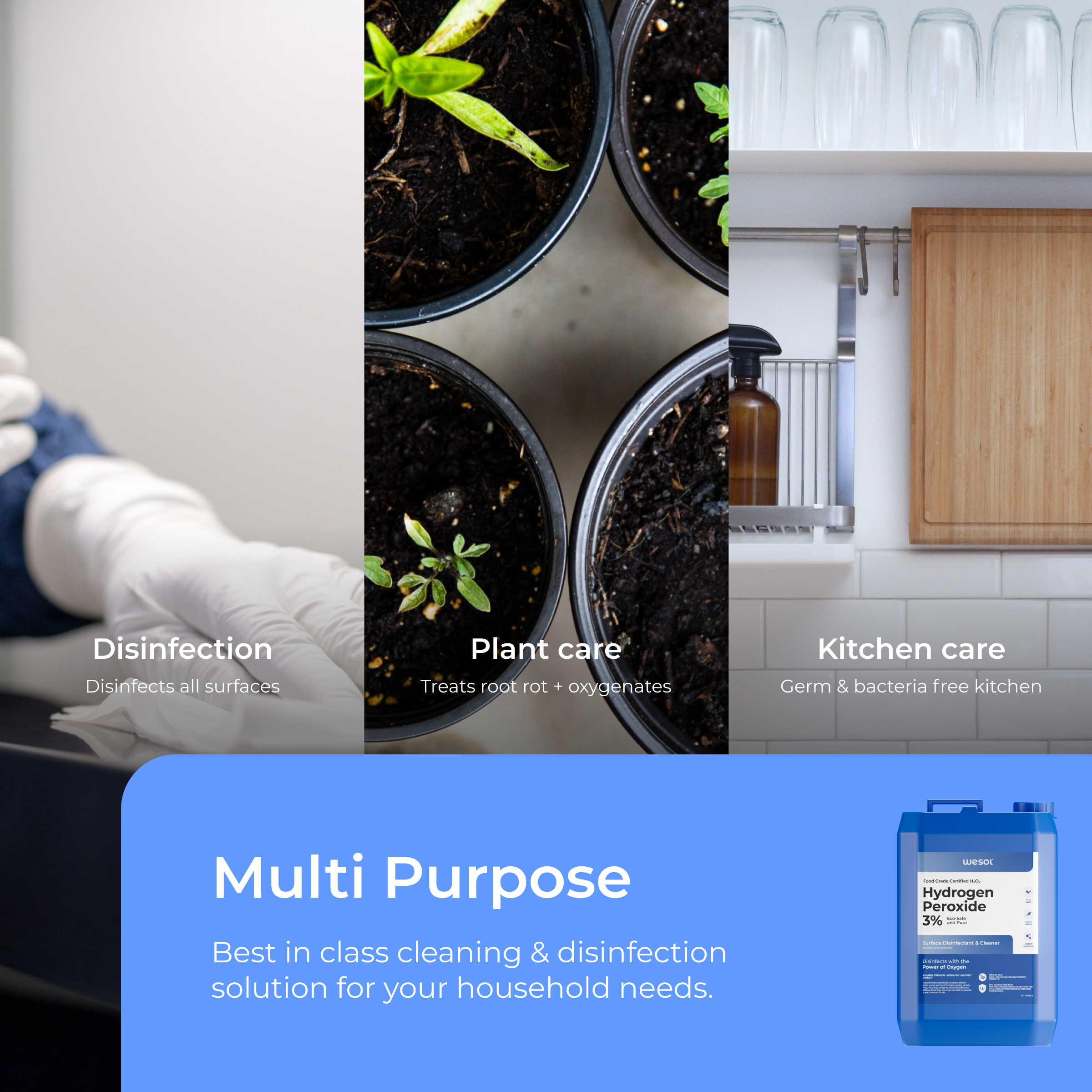 Wesol Hydrogen Peroxide 3% Food Grade | Multi-Use Disinfectant | Kills 99.9% Germs & Viruses | 5 Litre Pack - Best For Cleaning, General disinfection, deodorising, Hydroponics, Food production