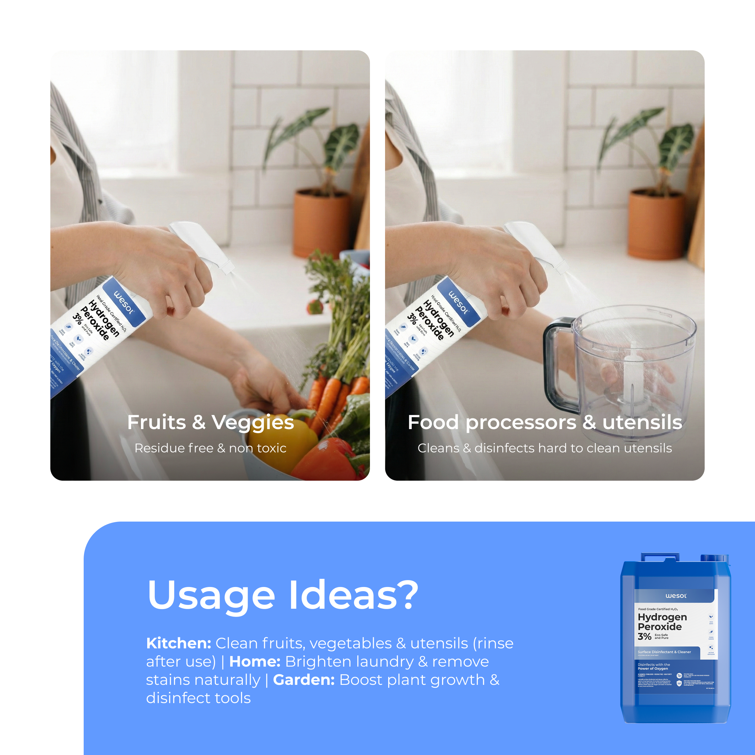 Wesol Hydrogen Peroxide 3% Food Grade | Multi-Use Disinfectant | Kills 99.9% Germs & Viruses | 5 Litre Pack - Best For Cleaning, General disinfection, deodorising, Hydroponics, Food production