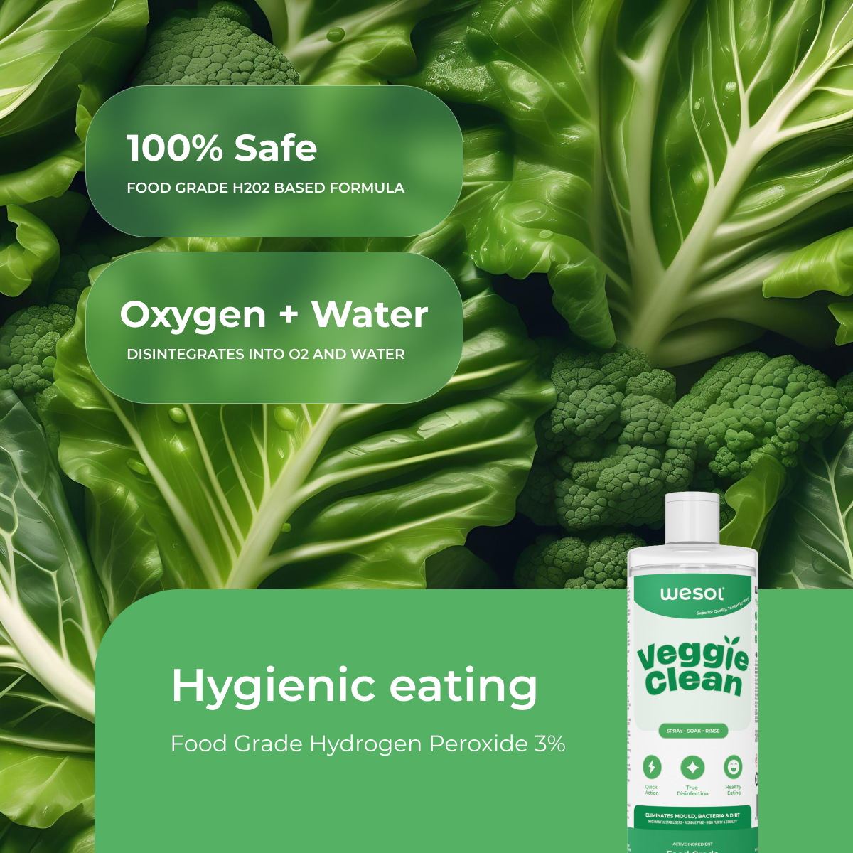 Wesol Veggie Clean Food Grade Hydrogen Peroxide 3% Vegetable and Fruit Wash Liquid, 1L, Surface Disinfectant, Eliminates Mould Bacteria and Dirt