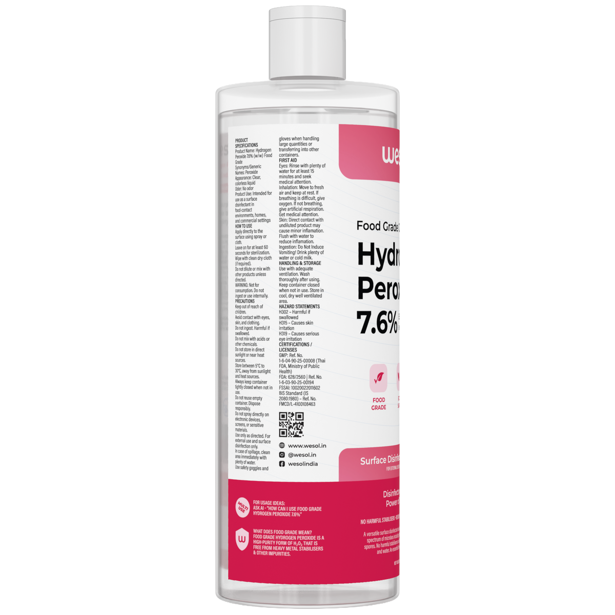 Wesol Hydrogen Peroxide 7.6% w/w (Food Grade) Floor Cleaner Solution 1 Litre | Best For Cleaning disinfection sterilization | Farming Gardening Hydroponics