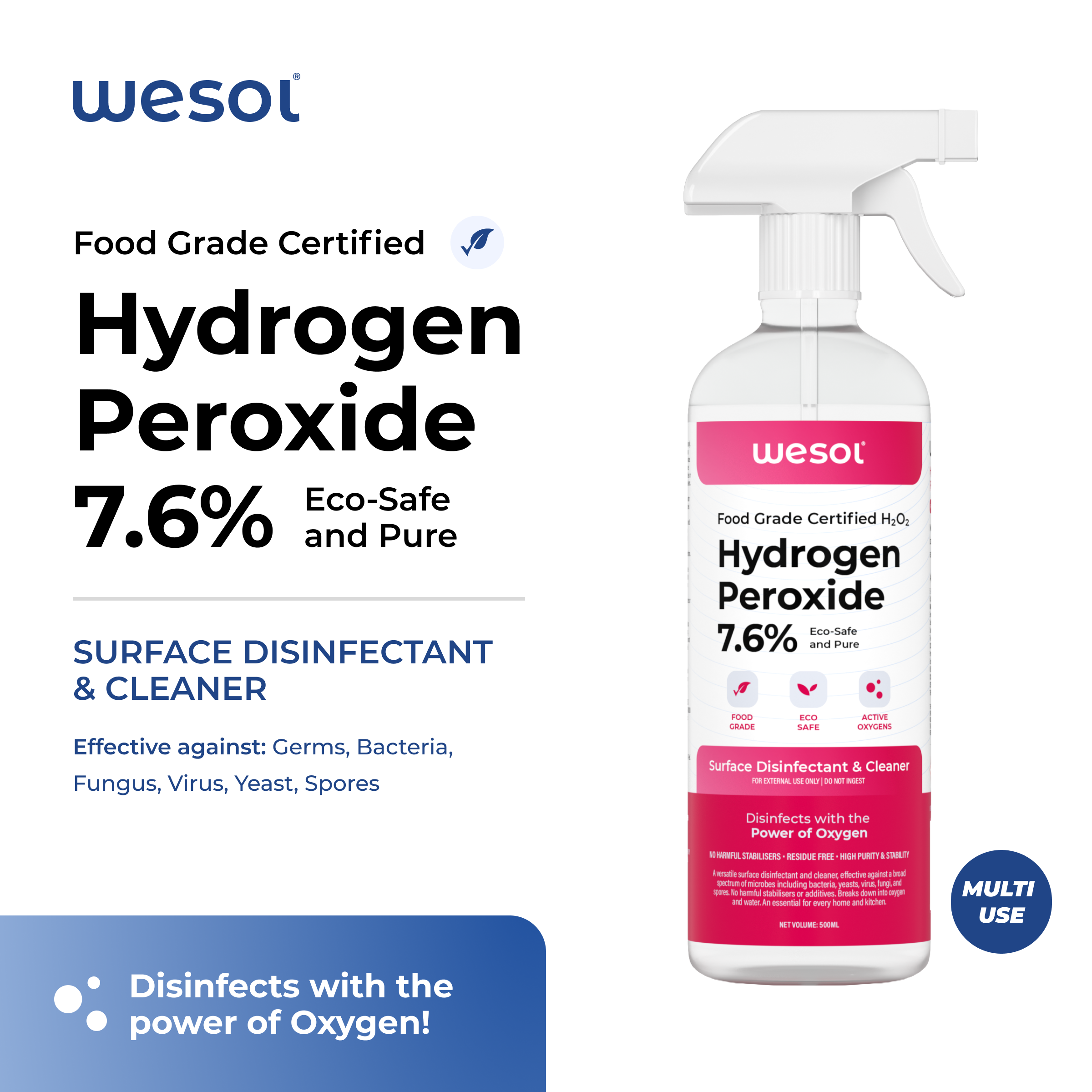 Wesol Hydrogen Peroxide 7.6% Food Grade Surface Disinfectant and Cleaner, 500ml Spray Bottle, Multipurpose Solution for Cleaning, Sterilisation, Farming, Gardening, Hydroponics Microgreens