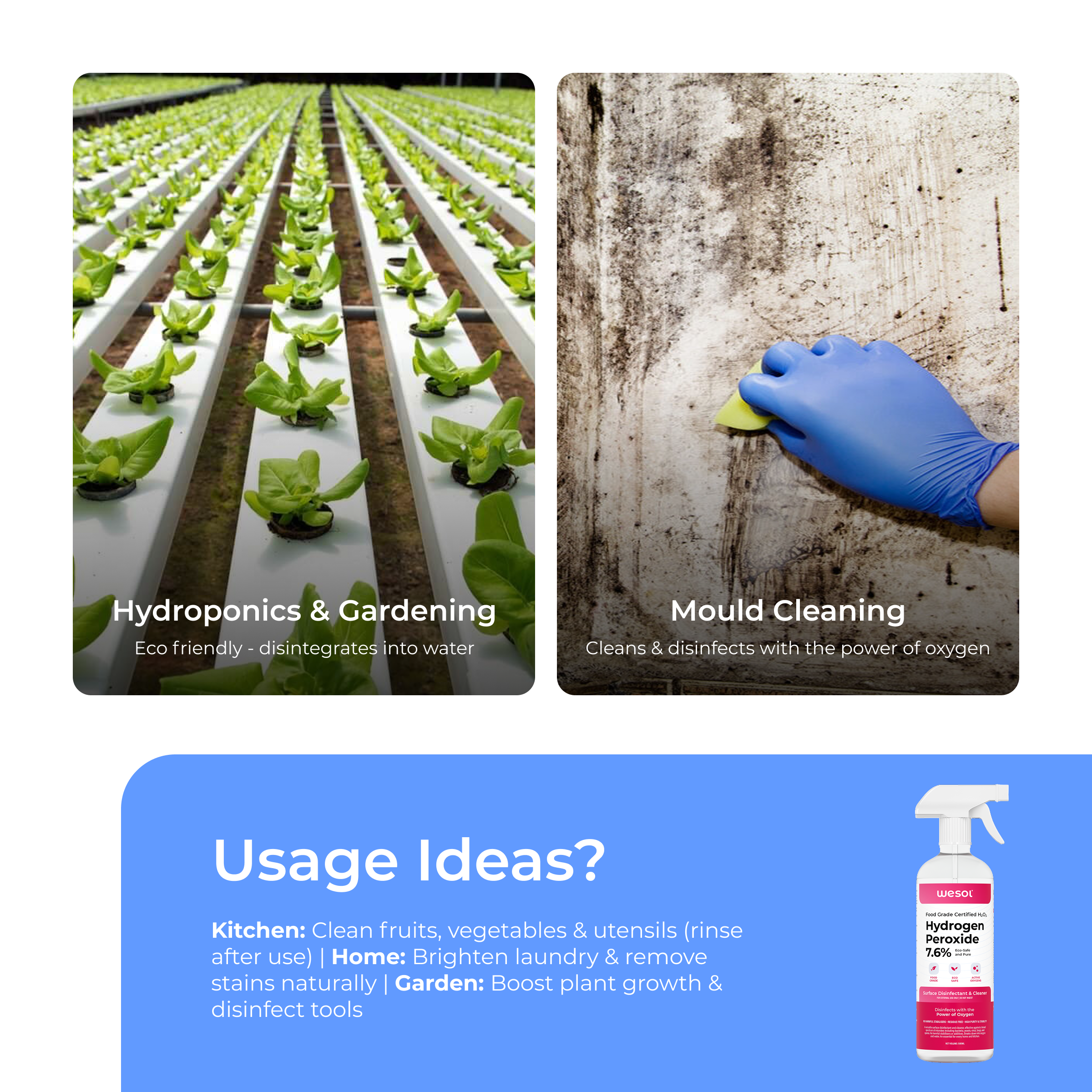 Wesol Hydrogen Peroxide 7.6% Food Grade Surface Disinfectant and Cleaner, 500ml Spray Bottle, Multipurpose Solution for Cleaning, Sterilisation, Farming, Gardening, Hydroponics Microgreens