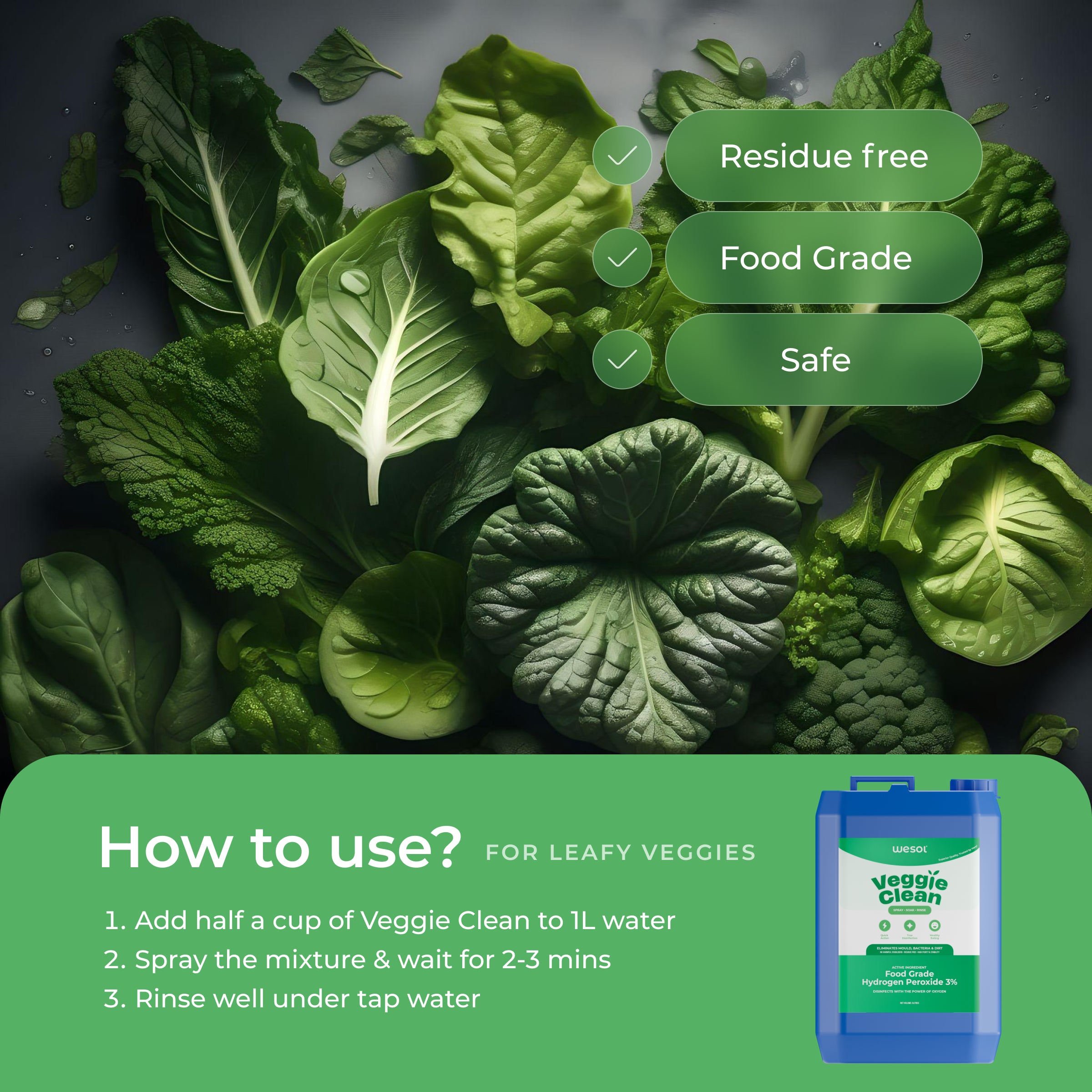 Wesol Vegetable Wash Liquid Hydrogen Peroxide 3% w/w Food Grade 5L Multi-Use Disinfectant | Kills 99.9% Germs & Viruses | Best For Cleaning, General Disinfection, Food production units