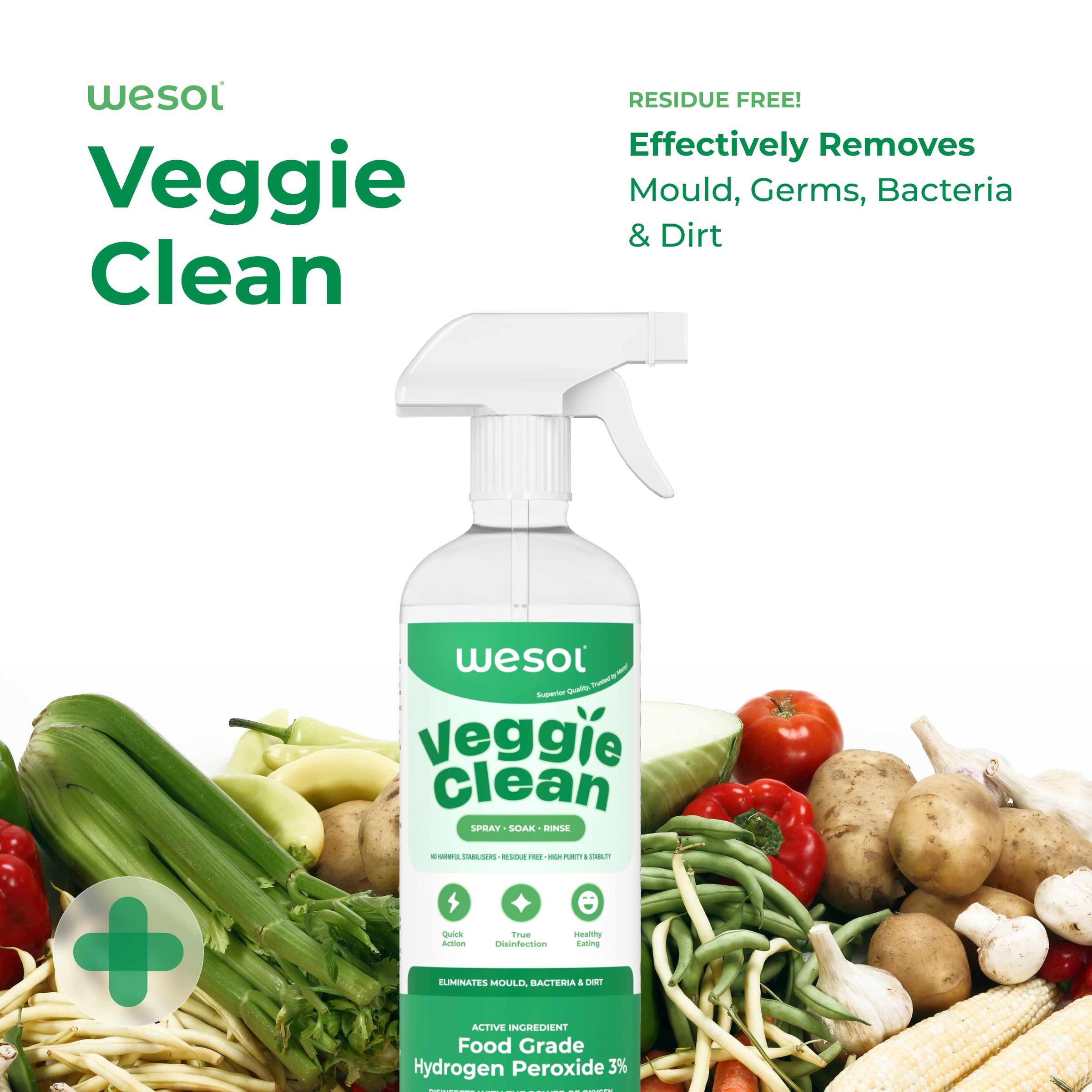 Wesol Vegetable Wash Liquid Hydrogen Peroxide 3% w/w Food Grade 500 ml Multi-Use Disinfectant | Kills 99.9% Germs & Viruses | Best For Cleaning, General Disinfection