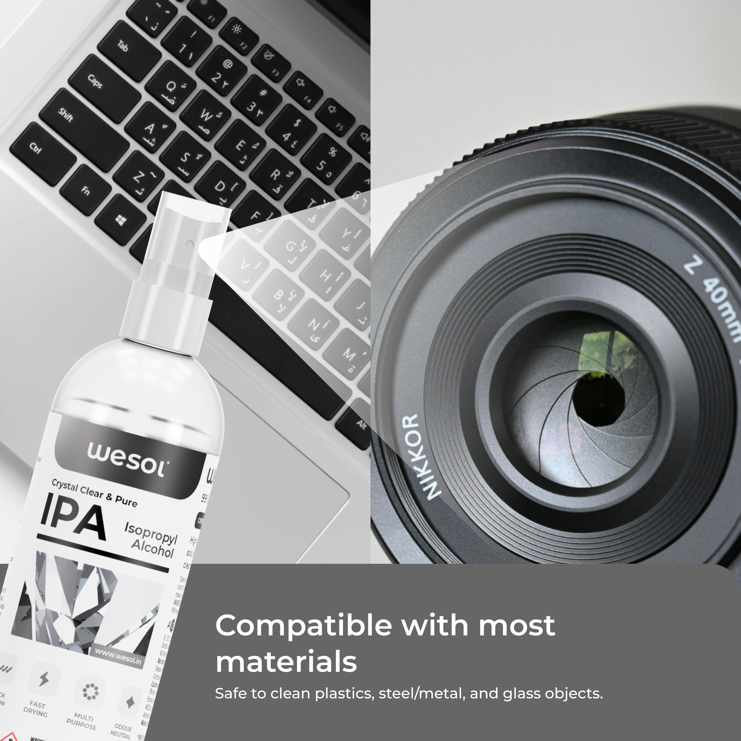 Wesol IPA Isopropyl alcohol 99.9% Spray | (CH3)2-CH-OH CAS: 67-63-0 | Premium Grade Pure without mixing | For Technical Use | 100ML Pack of 2