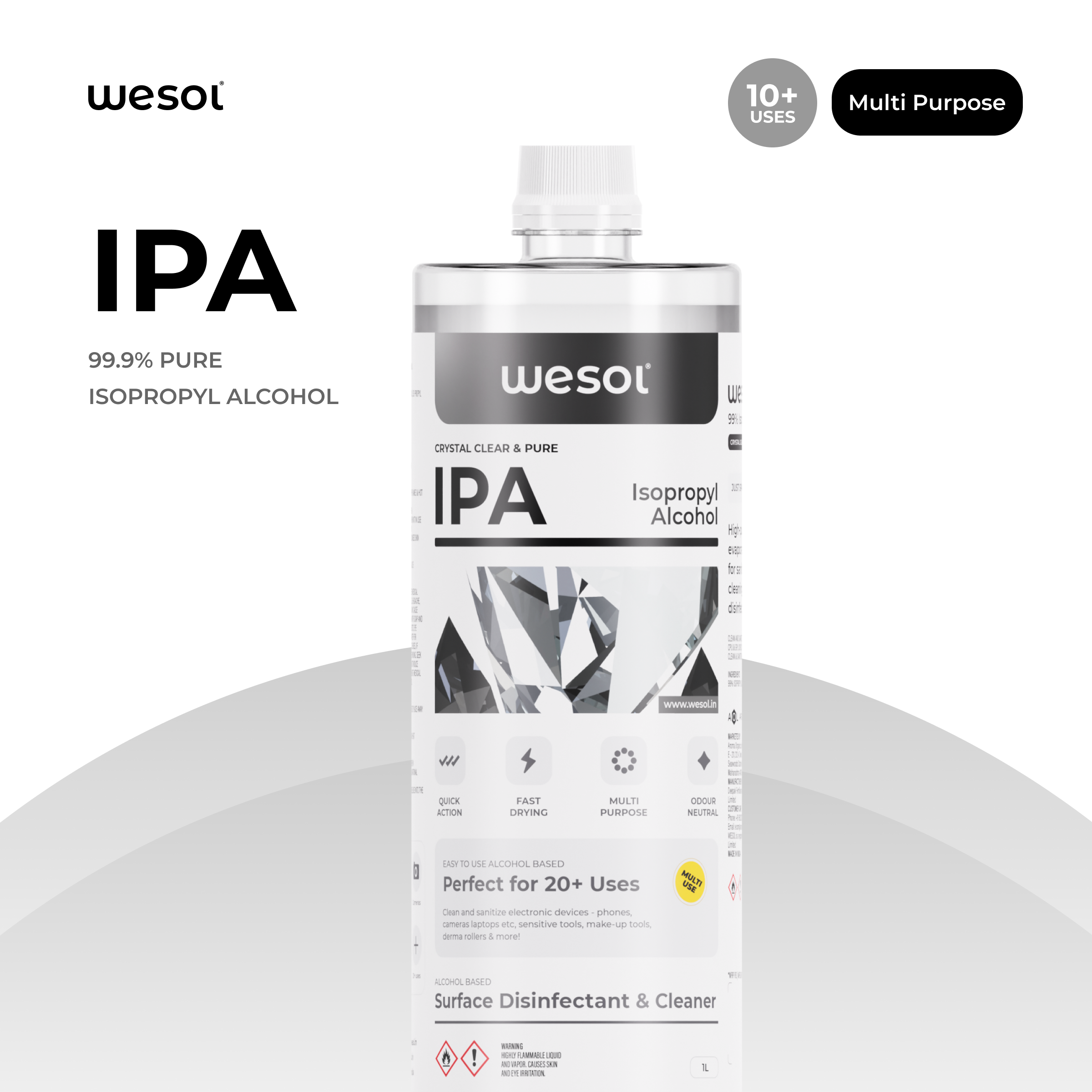 Wesol IPA Multi-Use Disinfectant and Cleaner 1Ltr 99.9% Pure Isopropyl Alcohol for Electronics, Gadgets, Make-up Tools 3D Printers