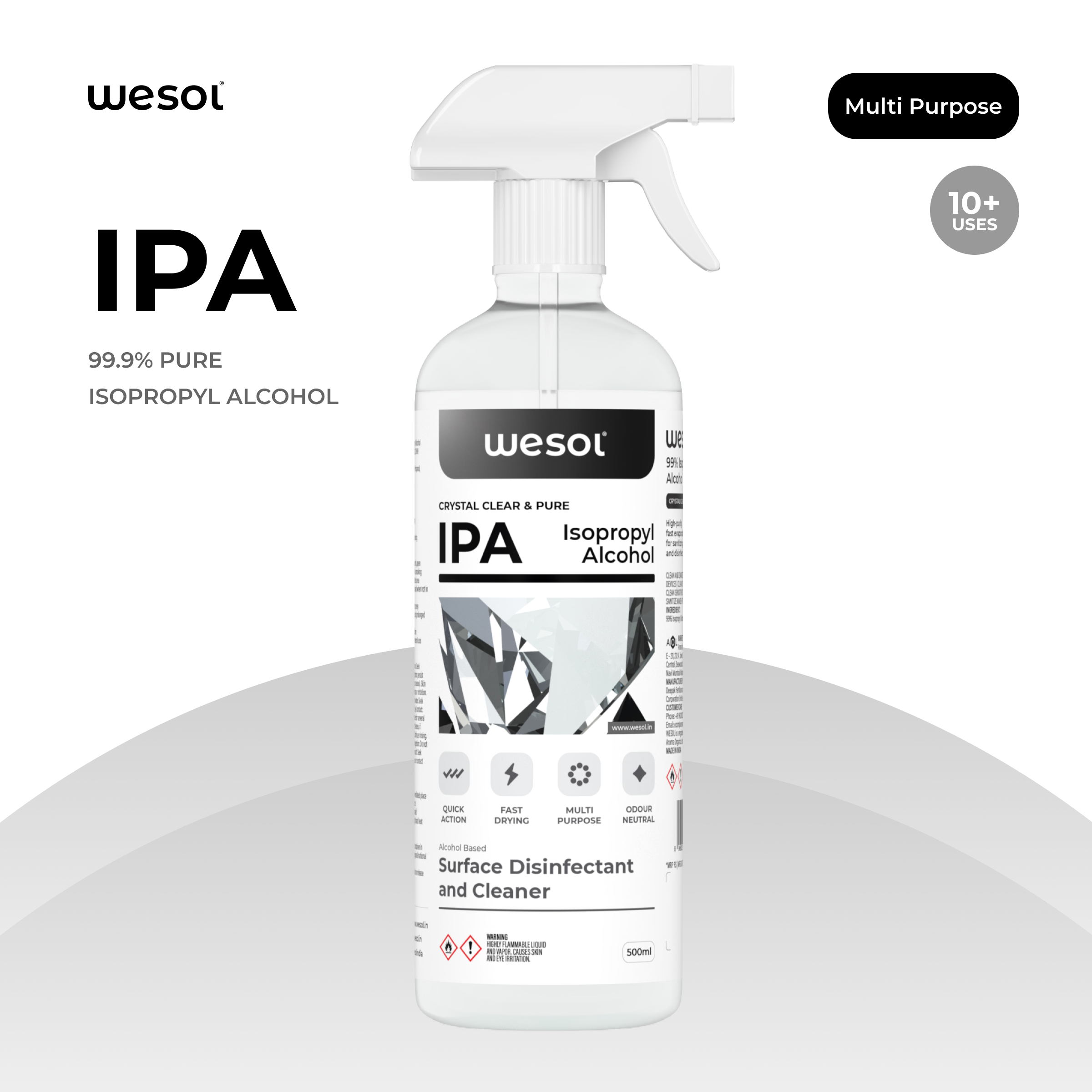 Wesol IPA Isopropyl alcohol 99.9% | (CH3)2-CH-OH CAS: 67-63-0 | Premium Grade Pure without mixing | For Technical Use | 500ml Pack of 1