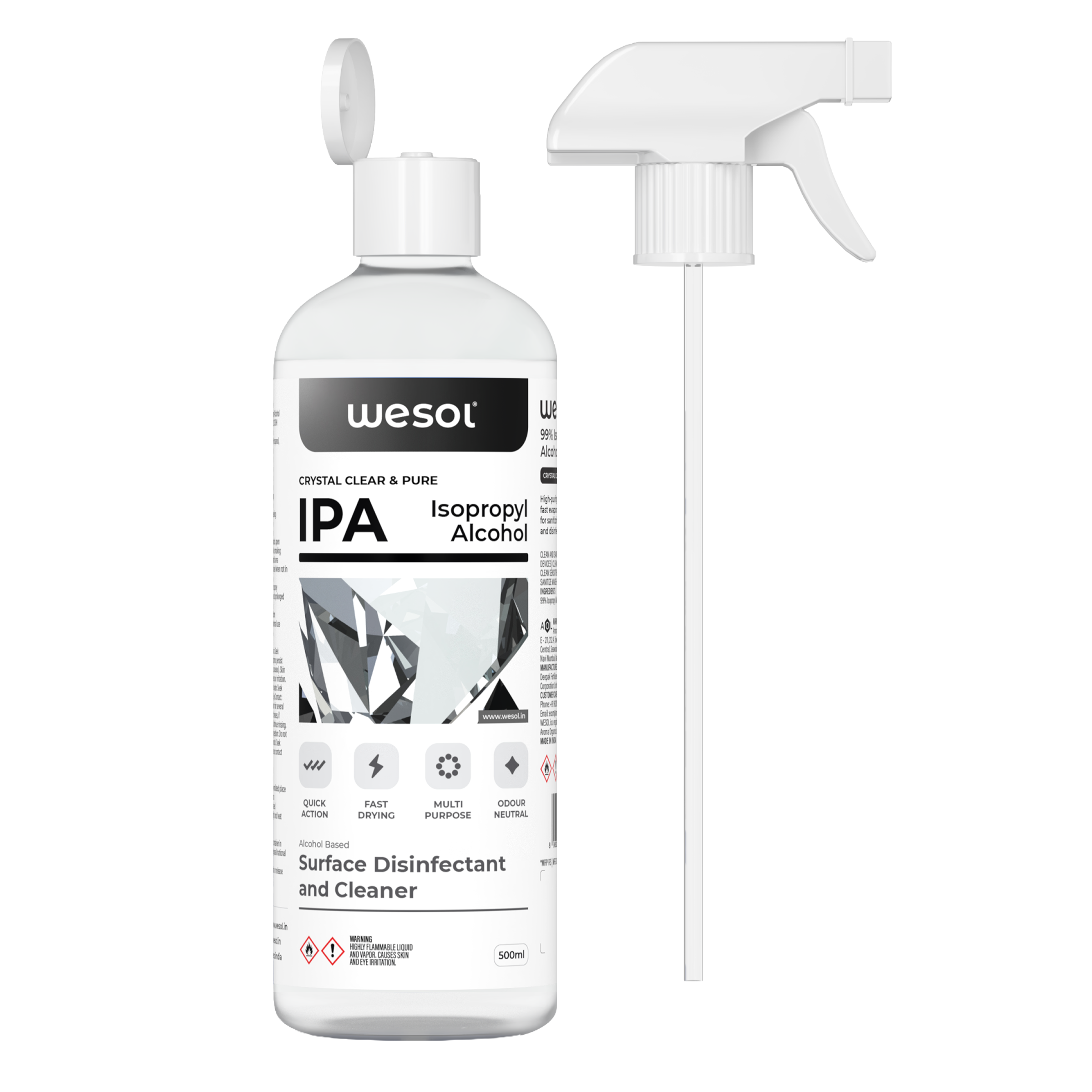 Wesol IPA Isopropyl alcohol 99.9% | (CH3)2-CH-OH CAS: 67-63-0 | Premium Grade Pure without mixing | For Technical Use | 500ml Pack of 2